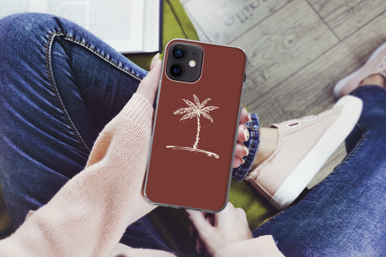 MuchoWow Handyhülle für Apple iPhone 12 mini Palme - Beige - Rot - Tropisch, Smartphone-Bumper, Print, Handy Schutzhülle Dünn