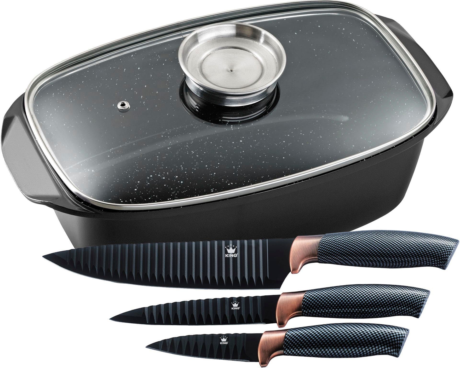 KING Bräter 5 Liter, Aluminiumguss (Set, 5-tlg., 3 Küchenmesser im Geschenketui), Aromaknopf, Induktion, mit Glasdeckel, Antihaft-Keramikbeschichtung