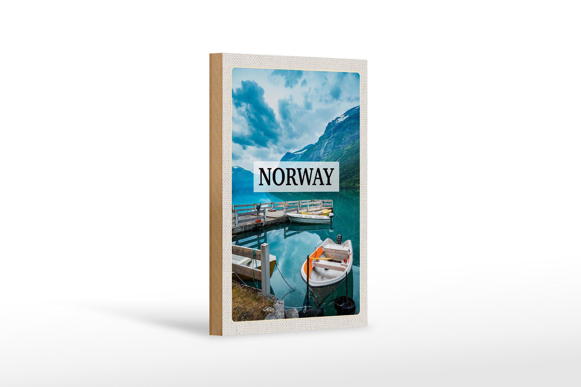 Femer GmbH Holzbild Reise 12x18 cm Norwegen Boot Insel Urlaub Trip, (1 St), Glatte Holzfaserplatte (MDF), vorn beschichtet