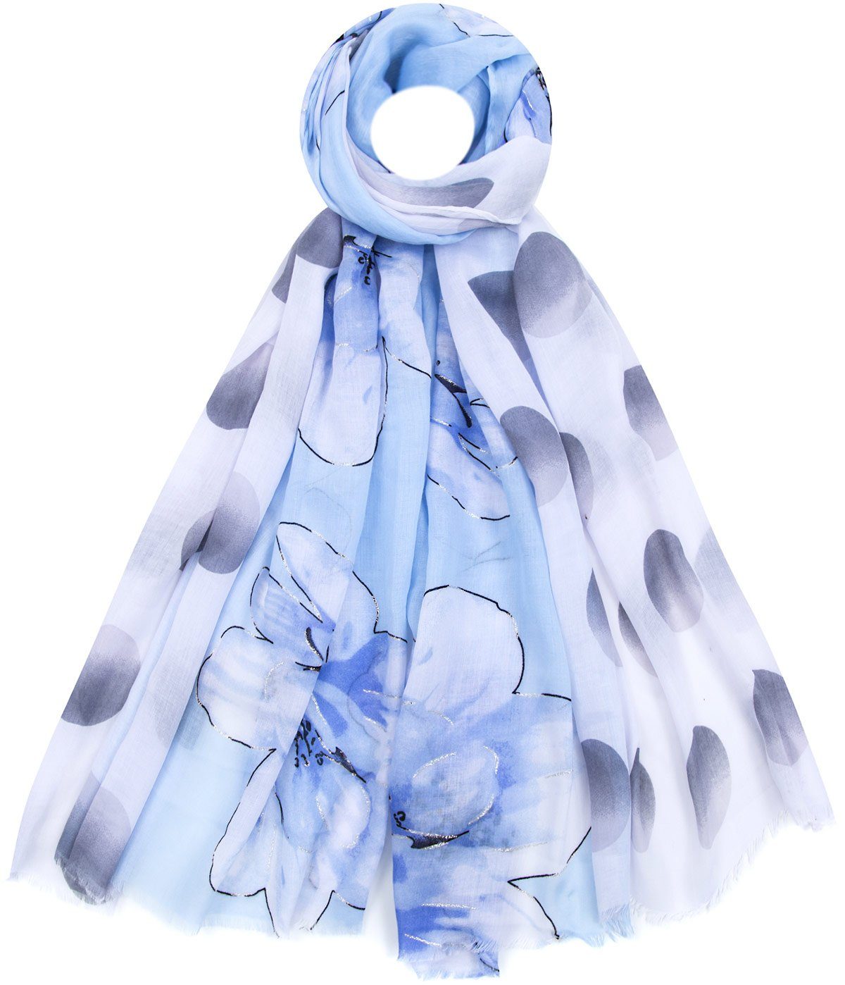 Faera Modeschal, Damen Schal mit Blumen weich und leicht Punkte hellblau