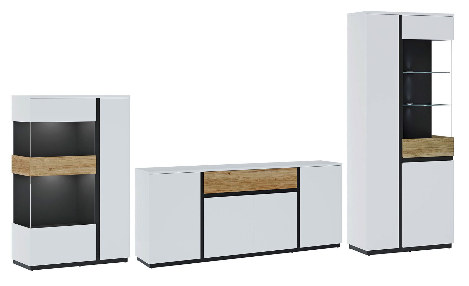 Feldmann-Wohnen Wohnwand Novena, (mit Türen, mit Einlegeböden, mit Schubladen, mit Ablagen, mit Fächern, 3-St., 3-teilige Wohnzimmer-Set, mit Glaseinsätzen, grifflos), 3-teilig weiß / Eiche Catania / schwarz