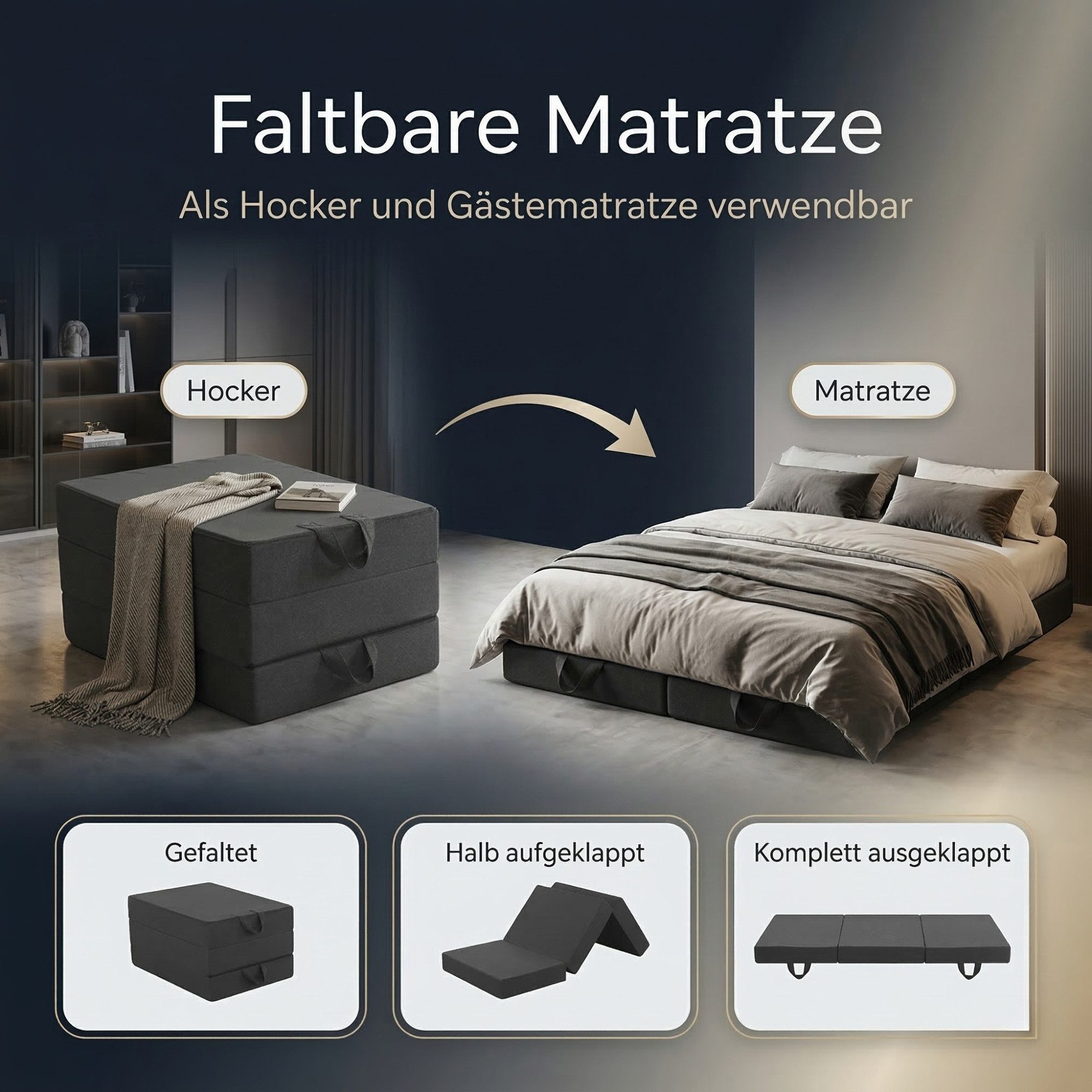 Klappmatratze Gästematratze klappbar faltbar, AMALIA, Gästebett Klappmatratze, Arensberger, 16 cm hoch, (75x200 cm), 16cm hoch mit NANOCELL® Gelschaum, mit Transporttasche, 75x200 cm