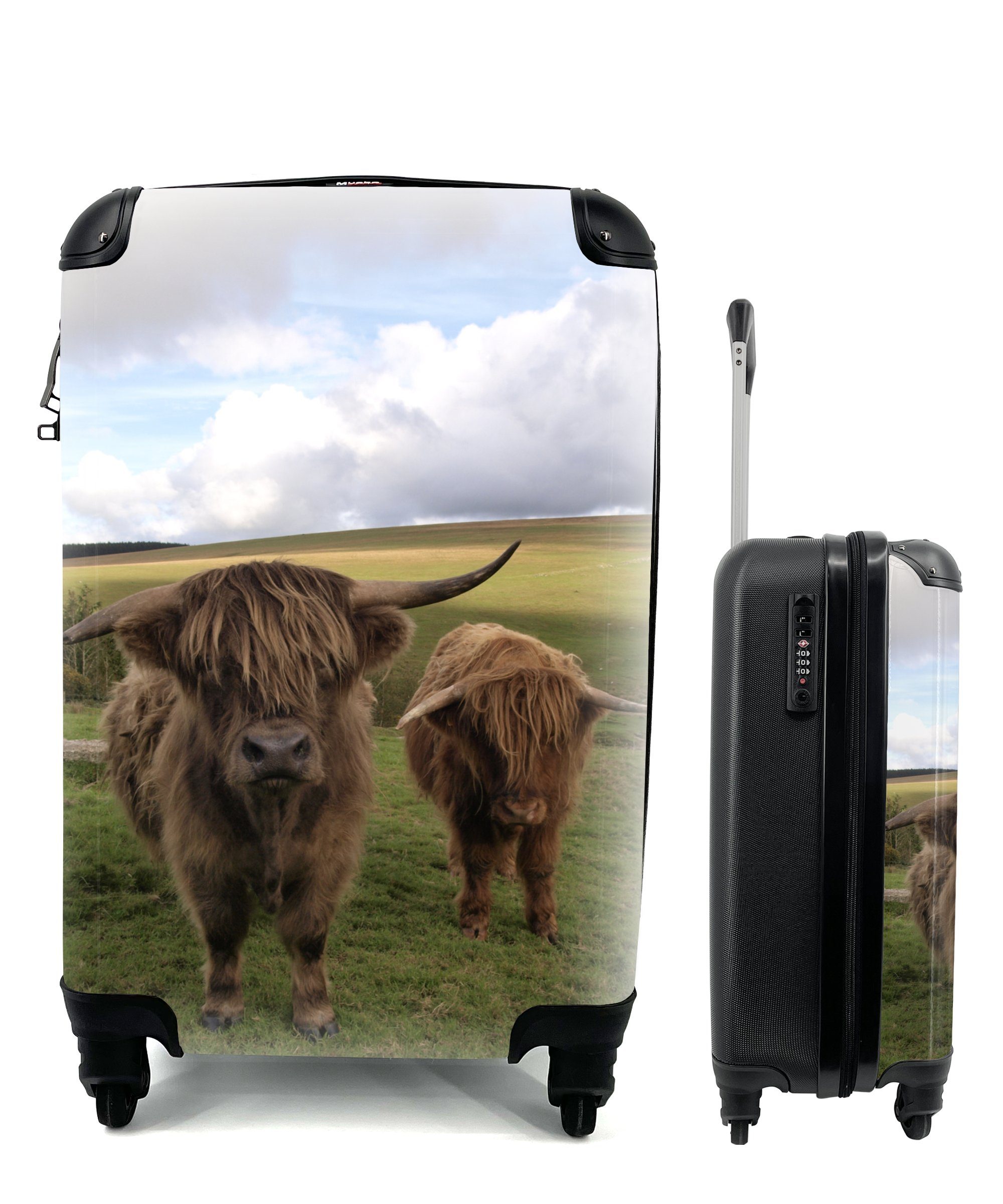 MuchoWow Handgepäckkoffer Schottische Highlander - Kühe - Natur, 4 Rollen, Reisetasche mit rollen, Handgepäck für Ferien, Trolley, Reisekoffer