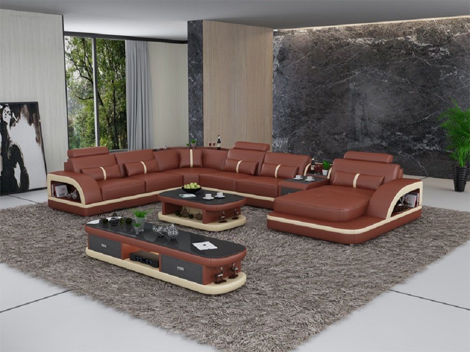 JVmoebel Ecksofa, Ledersofa Ecksofa Polster U Form Couch Sofa Design Ecke Sofas Braun/Beige
