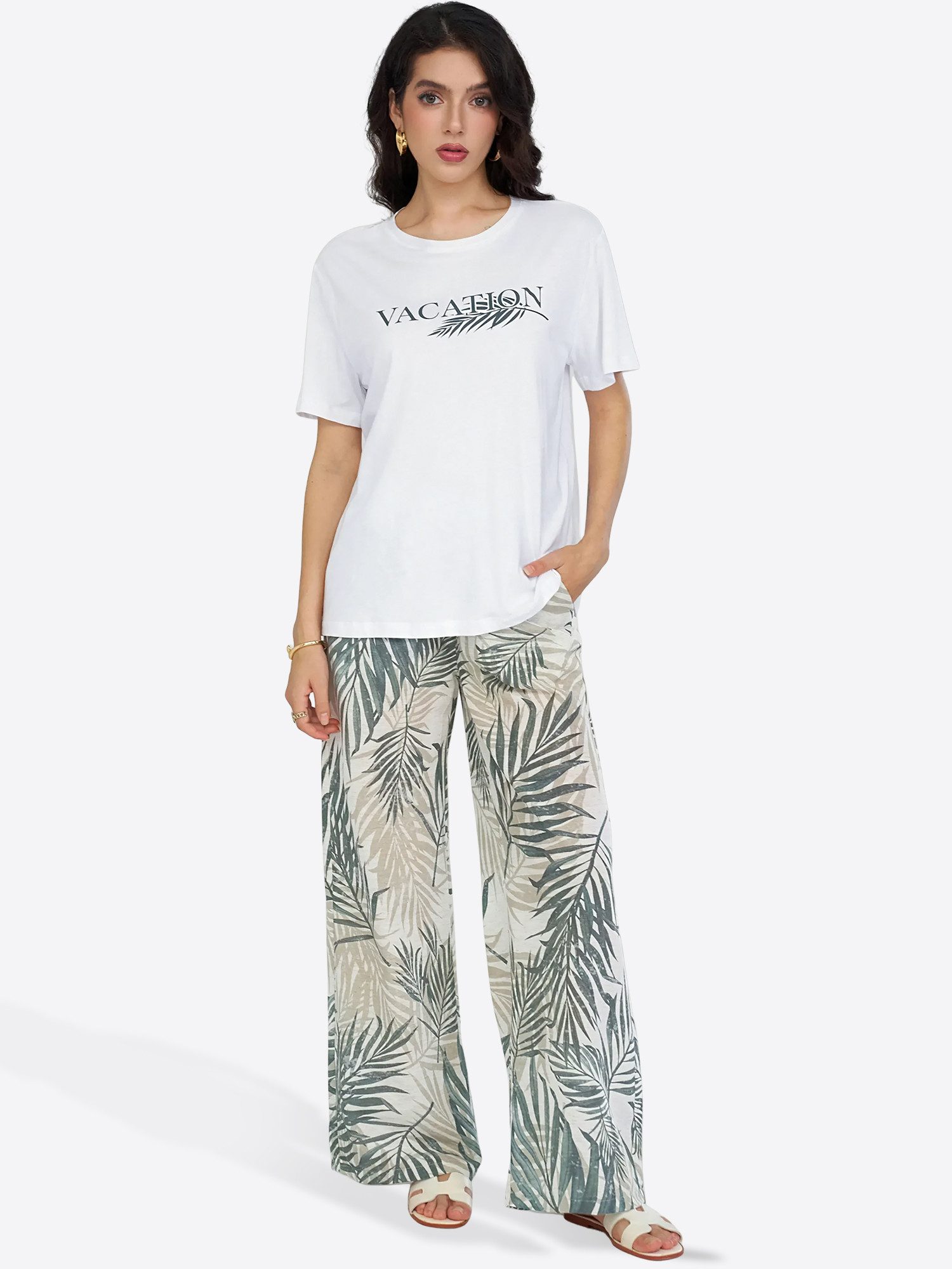 Imily Bela Hausanzug Damen Lässiges Heimset (Set, 2 tlg., Einfaches T-Shirt + Hochgeschnittene Weite Hose) mit Rundhalsausschnitt