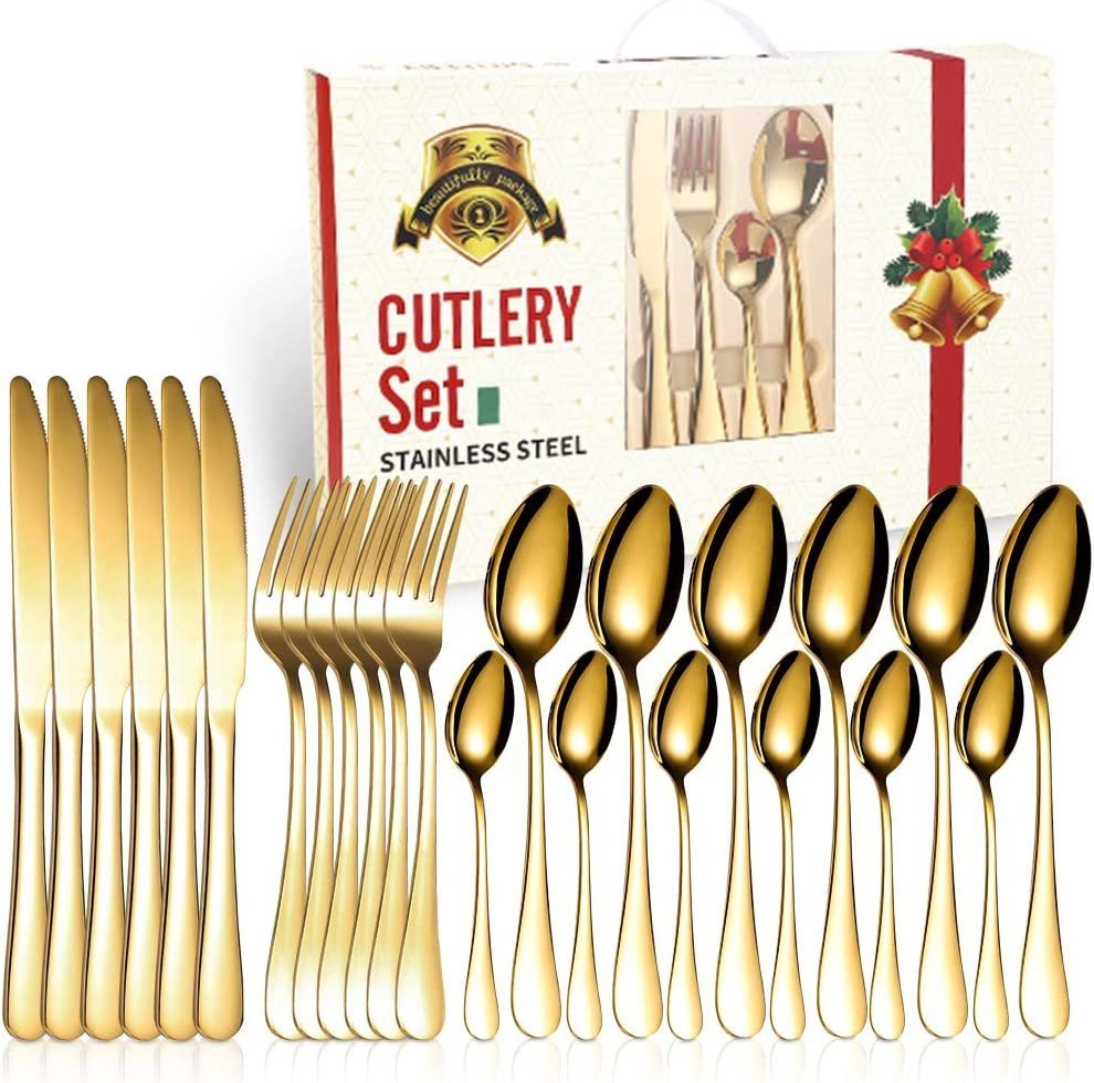 KingLux Besteck-Set 24tlg.Besteckkoffer Set mit Messer, Gabel Löffel für 6 Personen Gold