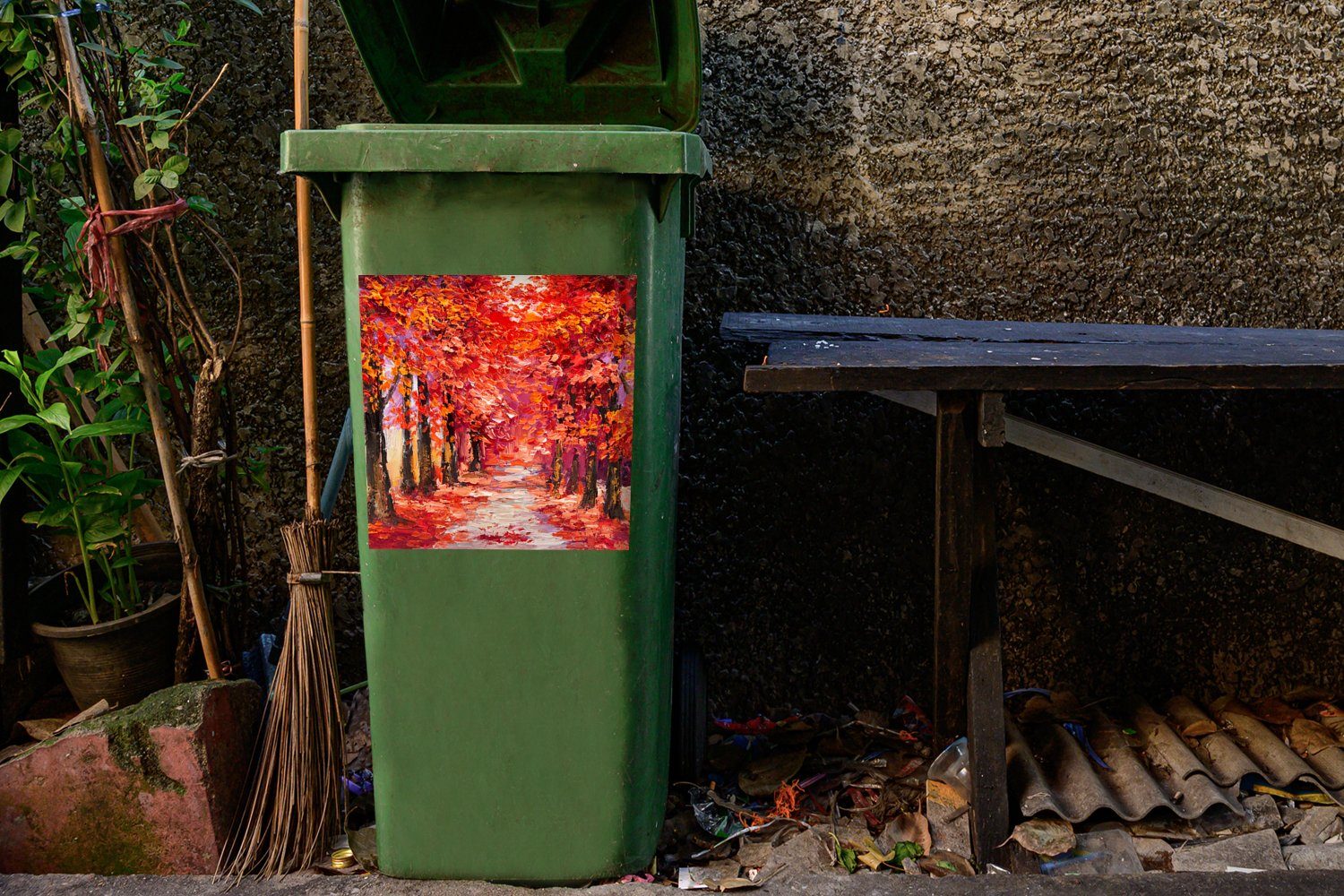 MuchoWow Wandsticker Container, - St), Abfalbehälter Bäume - Herbst Mülleimer-aufkleber, Ölgemälde (1 Mülltonne, Gemälde Sticker, 