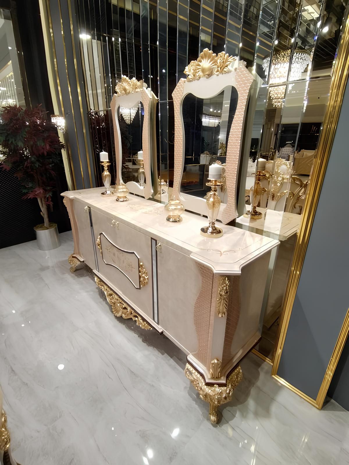 JVmoebel Anrichte Elegantes Wohn-Möbel: Holz-Schrank mit Spiegeloptik Sofort (Anrichte + Spiegel), Made in Europa