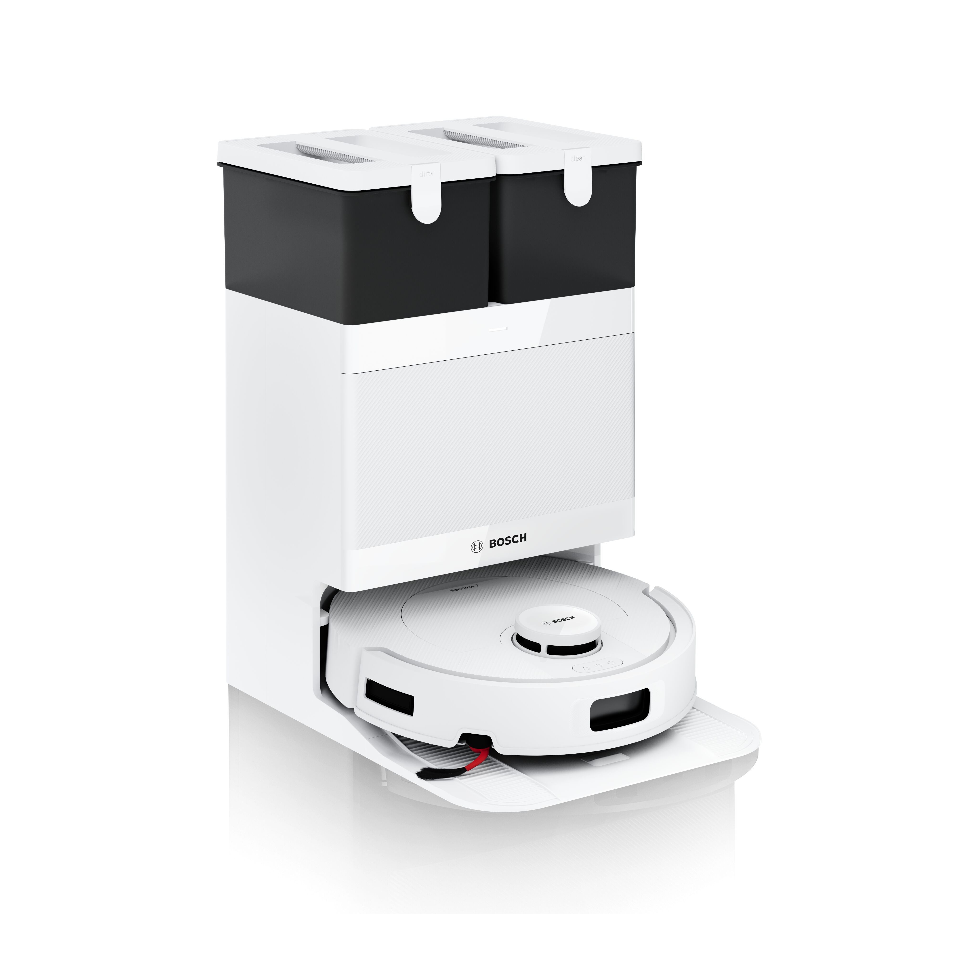 BOSCH Saugroboter mit Wischfunktion Spotless 2 BCR2S1B/BCR2S1W, 25.000 Pa Saugkraft, beutellos, Selbstreinigung, Nass-Trocken-Servicestation, rotierende Pads