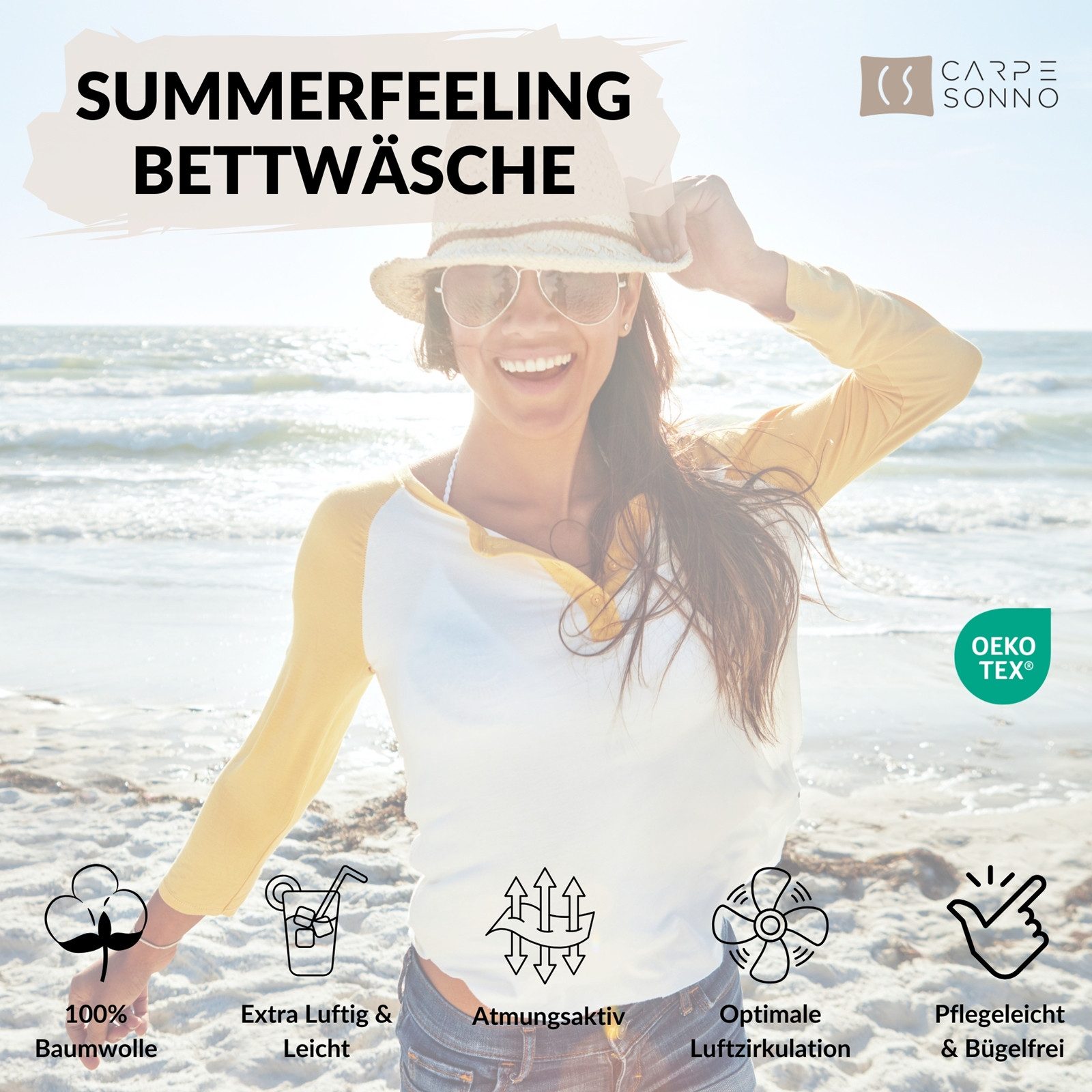 Carpe Sonno Bettwäsche Seersucker 135 x 200 155 x 220 Bügelfrei Sommer Uni 100% Baumwolle, Seersucker, 2 teilig, Leicht kühlender Bettbezug Reißverschluss & OEKO-TEX Creme 135x200