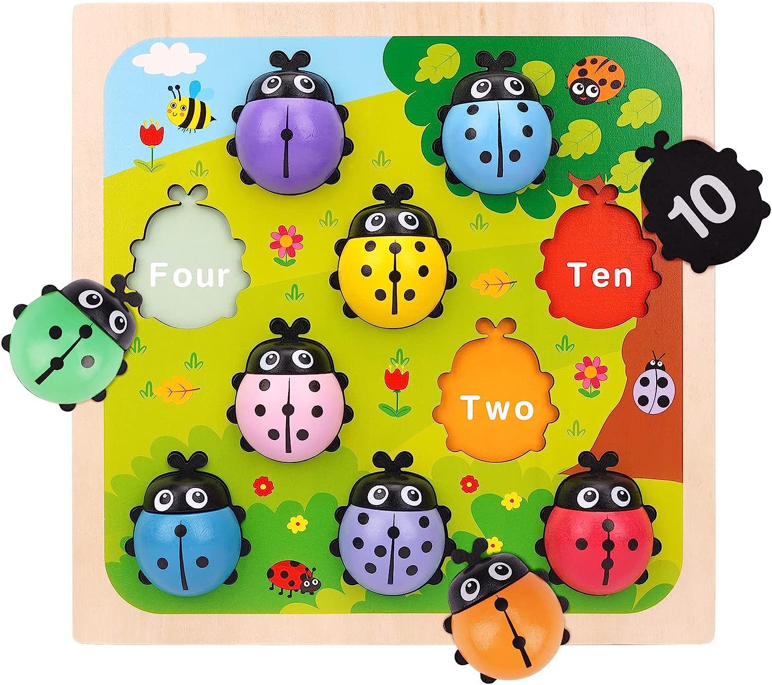 Fivejoy Puzzle-Sortierschale, (Holz Zählen Marienkäfer Montessori Zählspielzeug für Kleinkinder Lernen Bildung Spielzeug Marienkäfer Puzzle Zahlen Passende Vorschule Mathematik Brettspiele entwickeln Feinmotorik für 3 4 5 Jahre)
