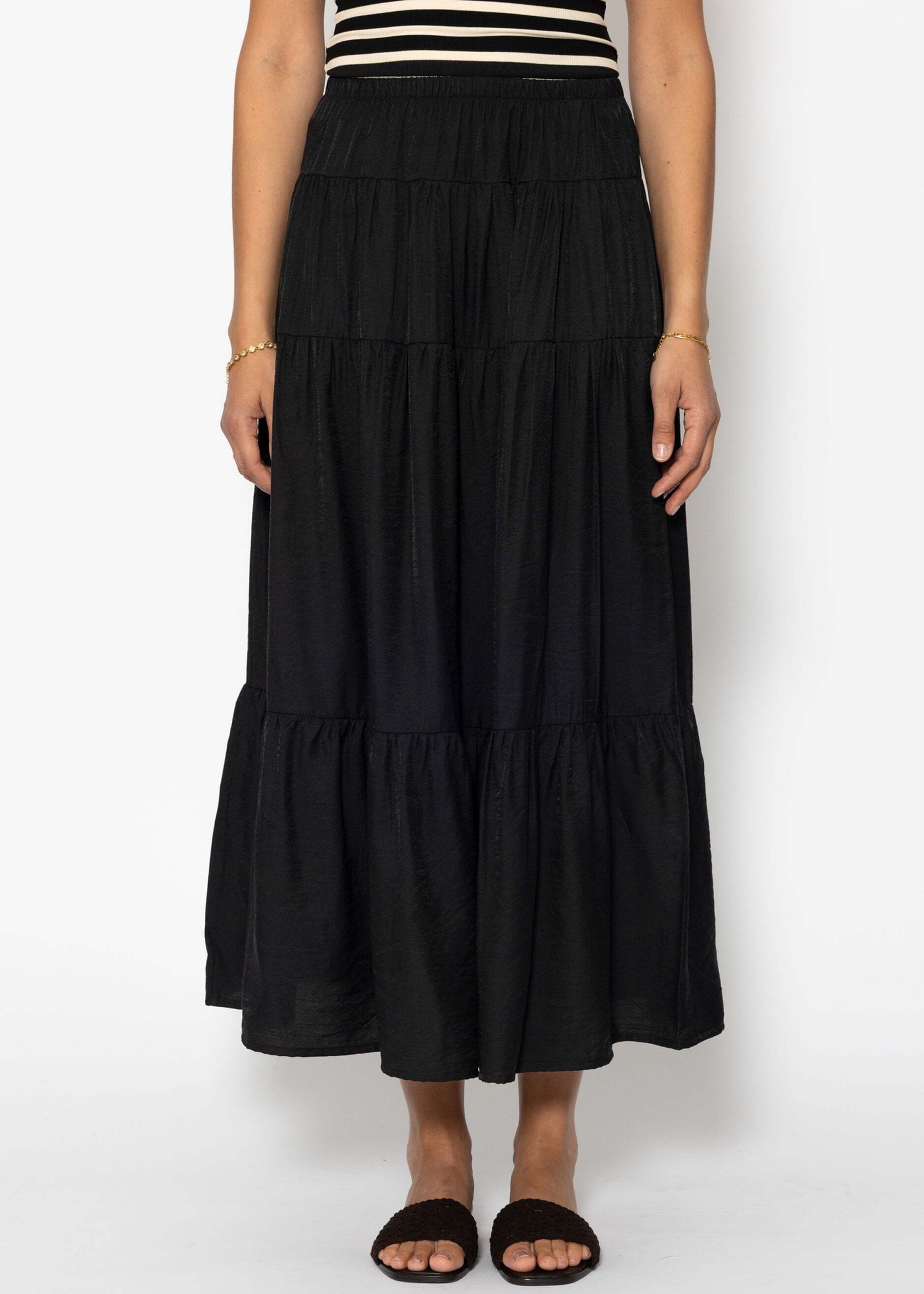 SASSYCLASSY Maxirock Glänzender Maxi Volantrock für Damen Eleganter Rock mit mehreren Stufen und elastischem Bund Braun Schwarz – Bild 3 von 5