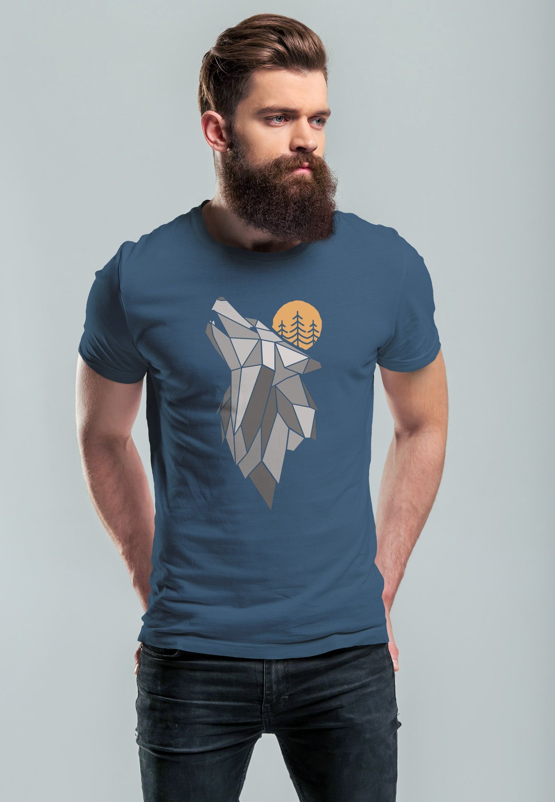 Wald Print blue Aufdruck Wildnis Fash Neverless Natur mit denim T-Shirt Outdoor Wolf Herren Tiermotiv Print-Shirt