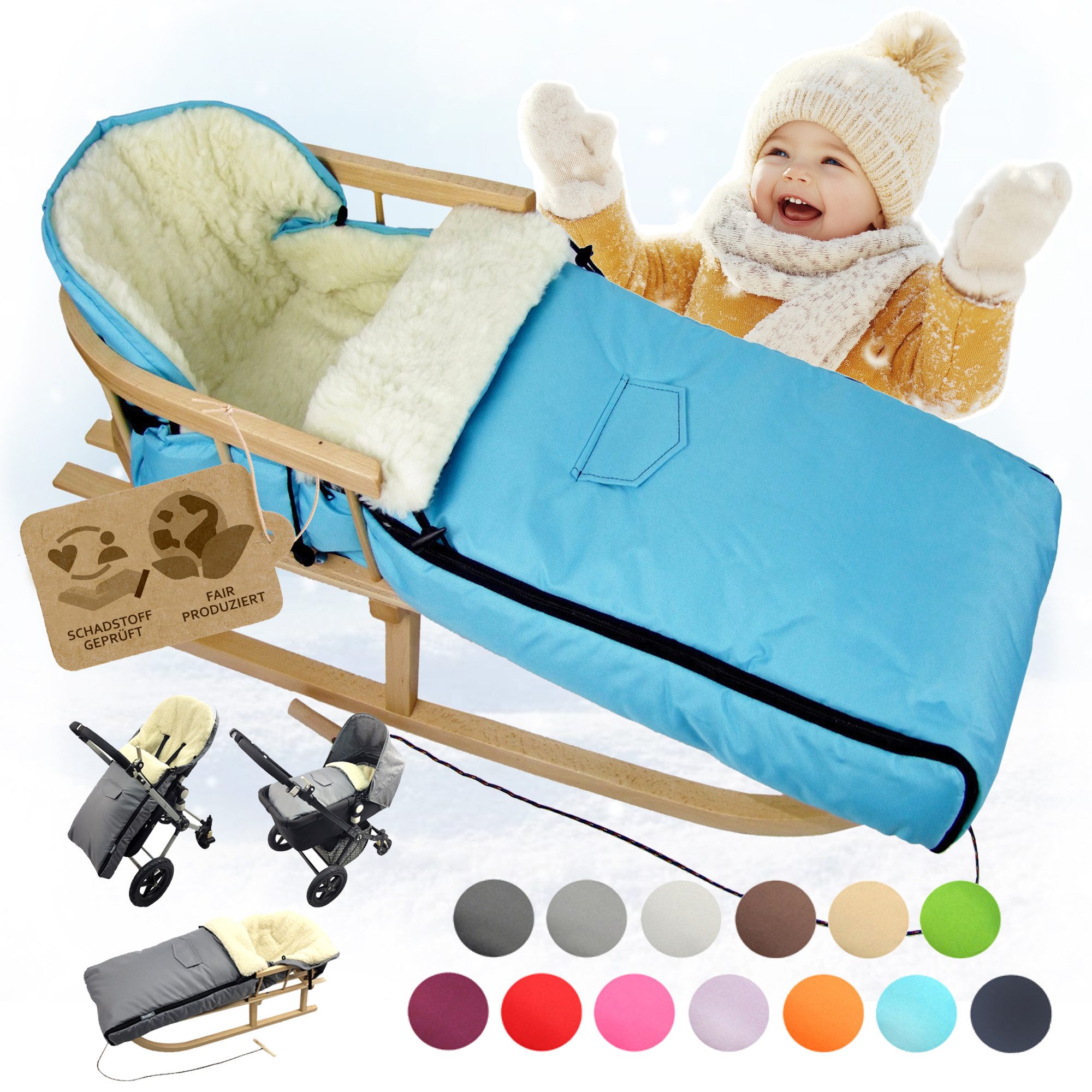 BambiniWelt by Rafael K. Schlitten CE-HOLZSCHLITTEN mit Rückenlehne Zugleine + WINTERFUßSACK Wolle 108cm (universaler Winterfußsack (108cm) + Holzschlitten (90cm), Kombi-Angebot