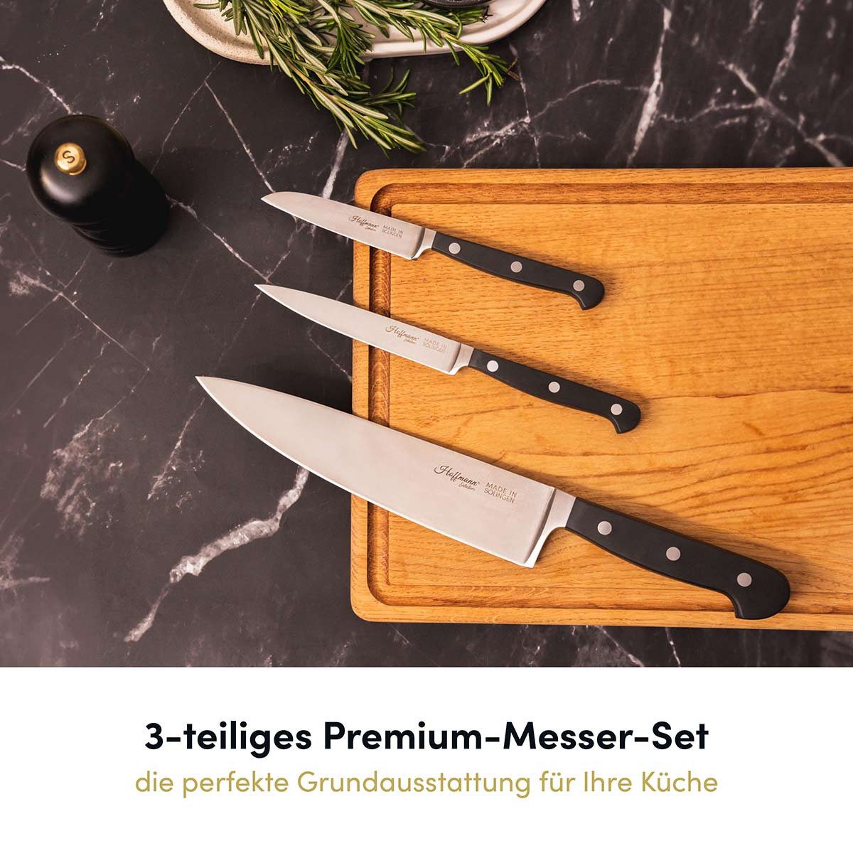 Hoffmann Germany Messer-Set Kochmesser 21 cm, Spickmesser & Gemüsemesser – Made in Solingen (Set, 3-tlg., 1x Chefmesser 21 cm + 1x Spickmesser 12 cm + 1x Gemüsemesser 9 cm), handgeschmiedet, X50CrMoV15, 58 HRC, 3-tlg. Küchenmesser