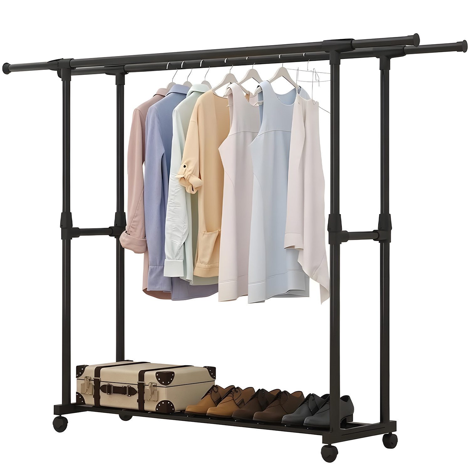 HEYHIPPO Kleiderstange Kleiderständer ausziehbar,höhenverstellbar, mit Rollen & Schuhablage (höhenverstellbar bis 155cm, für Schlafzimmer, Wohnzimmer & Wäschera – Bild 3 von 5