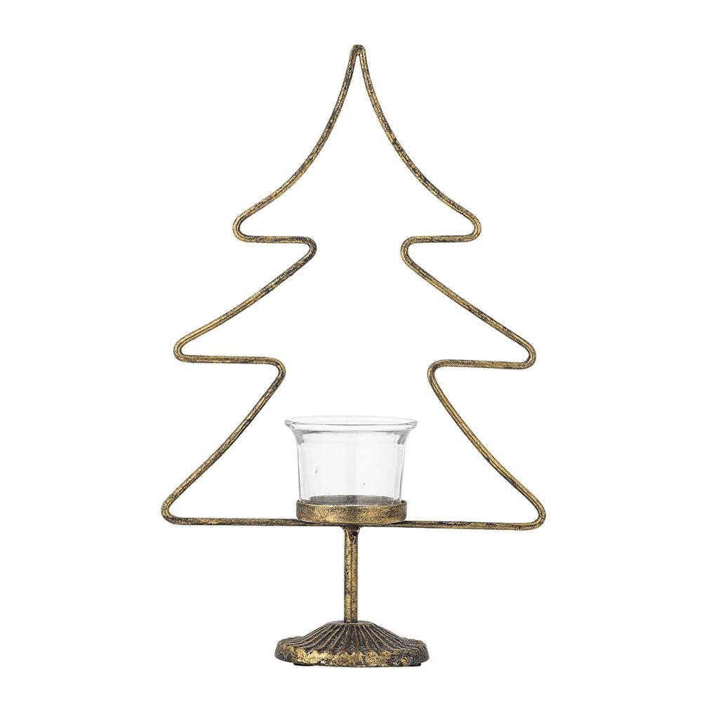 Bloomingville Teelichthalter Miki Kerzenhalter Weihnachtsbaum, Gold, Metall, Teelichthalter Tannenbaum, Glaseinsatz, Adventsdeko, Fensterbankdeko