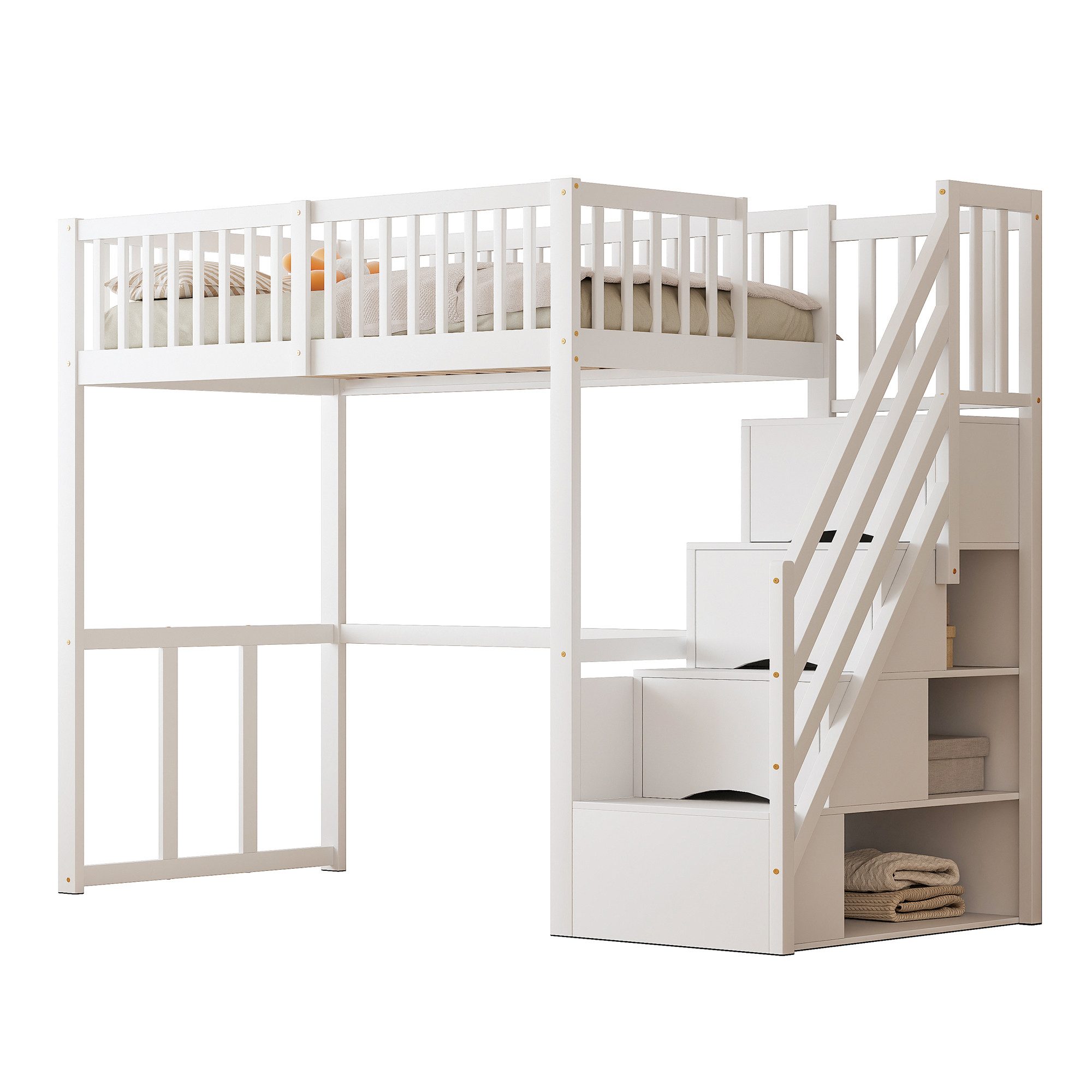 STILVORA Hochbett Kinderbett 90x200 mit Stauraum Jugendbett mit Zäune,Massive Kiefer (mit Sicherheits-Aufbewahrungsleiter, Bettgestell aus massivem Kiefernholz für Kinder und Jugendliche, 90 x 200 cm) ohne Matratze