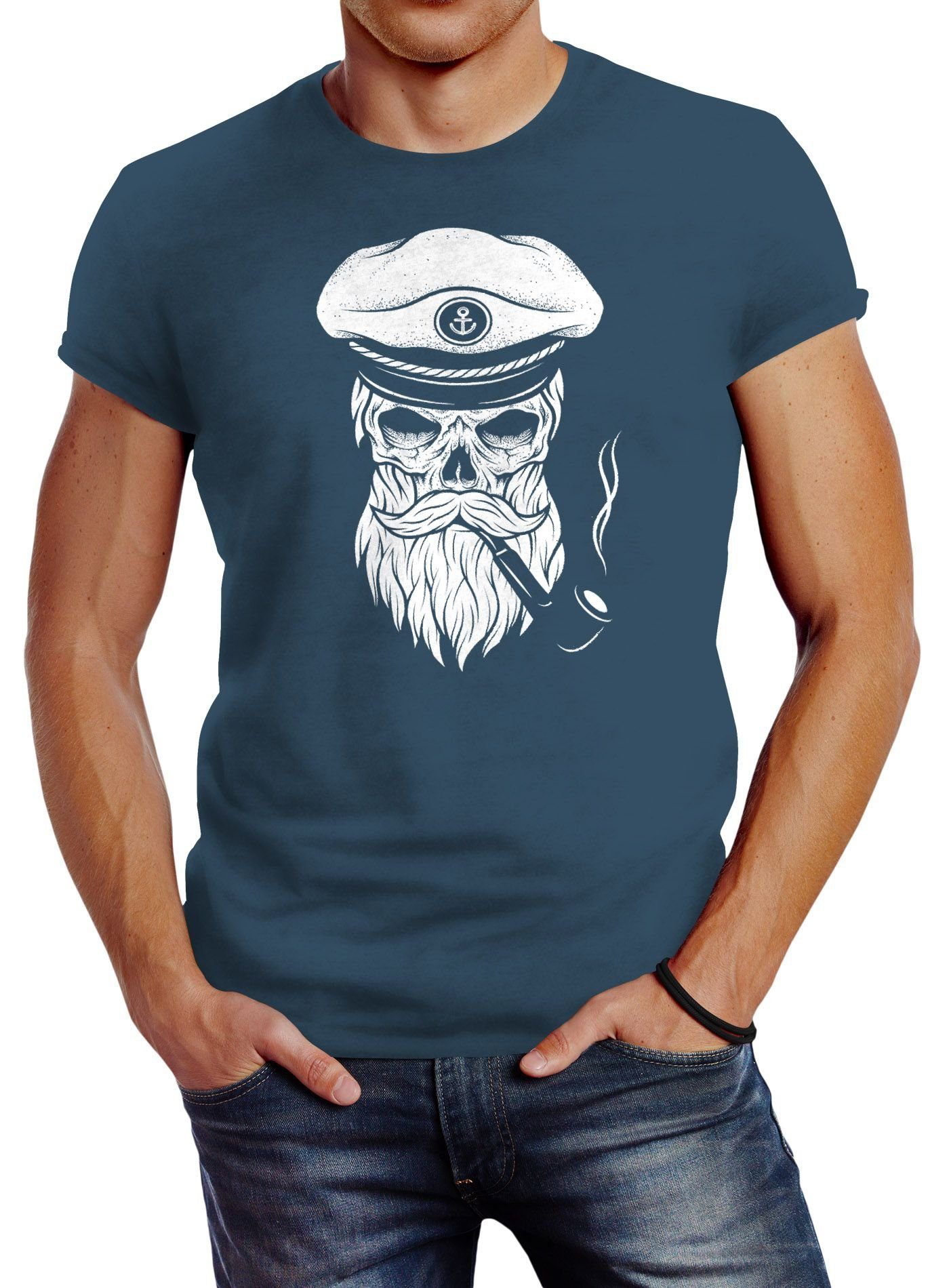 Neverless® Print Fit Captain Print-Shirt Skull Herren mit Kapitän Neverless Totenkopf Slim blau T-Shirt Hipster