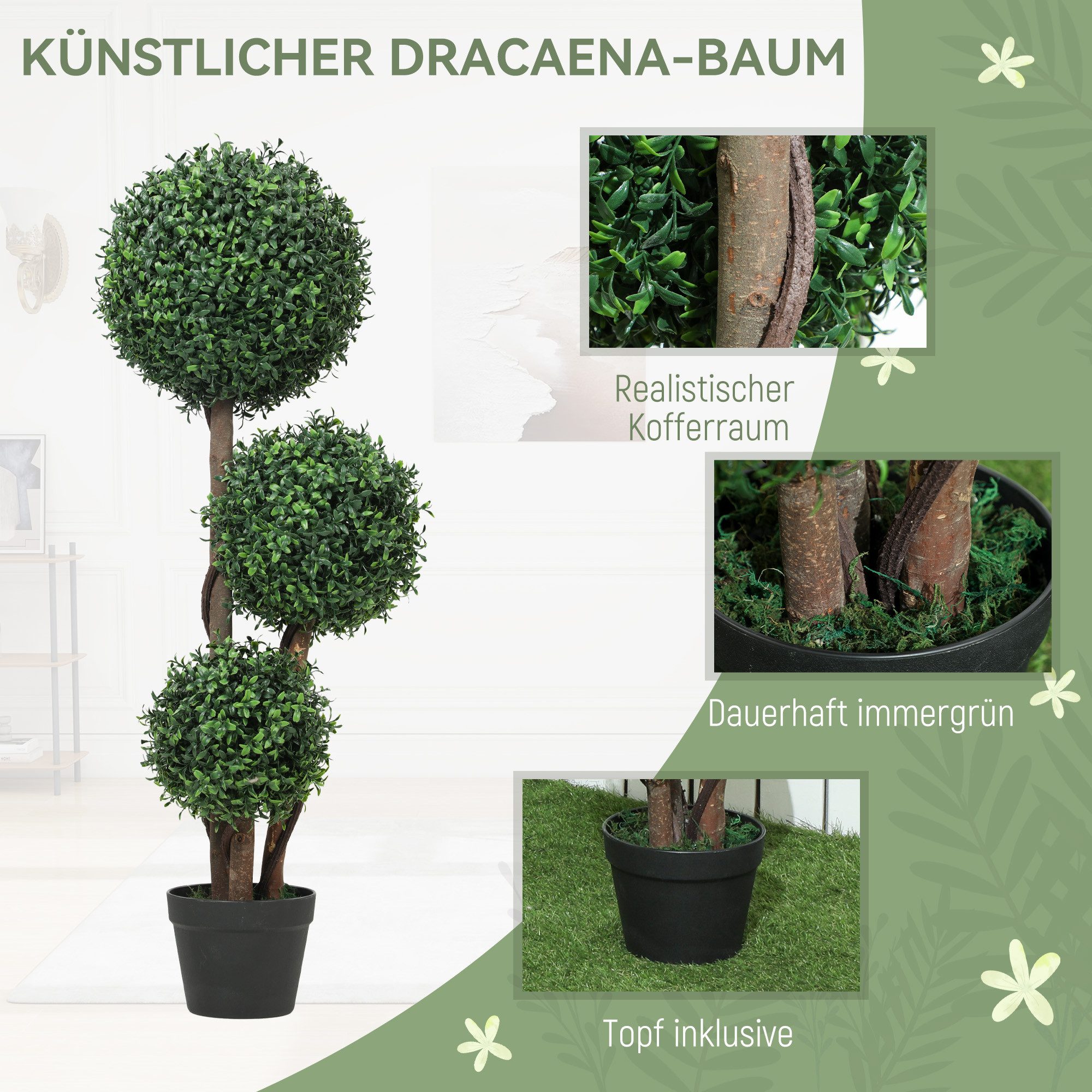 Kunstpflanze Künstliche Kugel dreikugelig mit UV-Schutz Fake Plant wie echt Buchsbaum, HOMCOM, Höhe 100 cm, für Wohnzimmer, Büro, Grün – Bild 4 von 5