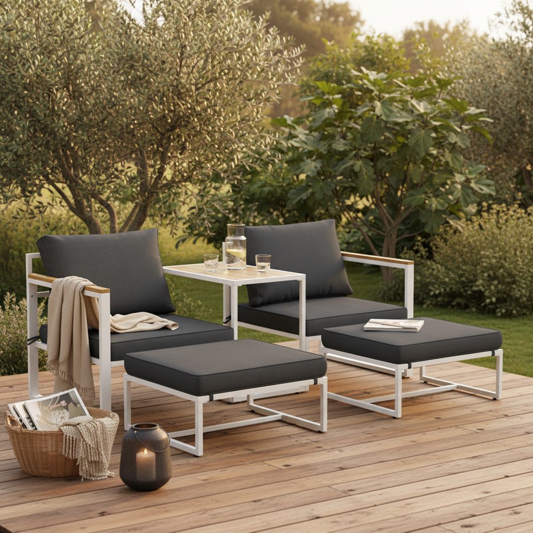 STEELSØN Sitzgruppe Asteri 5-teilig mit Sesseln & Tisch, (weiß/anthrazit), inkl. Sitzpolster, Gartenmöbel-Set Metallgestell, als 2- oder 4-Sitzer