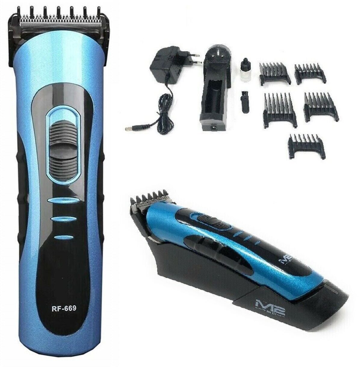 Kemei Haar- und Bartschneider KM-609A Blau, 1x Trimmer, 1x Ladestation, 5x Aufsätze, Öl, Bürste, Leise und Leistungsstark