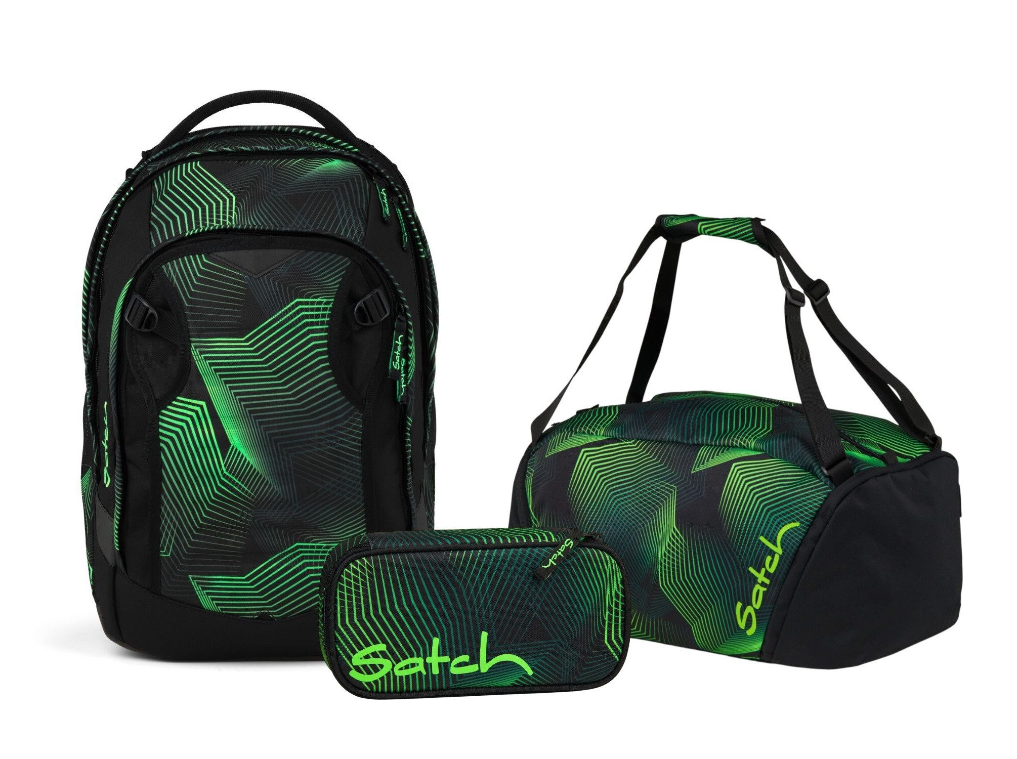 Satch Schulranzen Schulrucksack-Set MATCH PLUS Seismic Green 3-teilig (3-teilig), Schulranzen, ergonomisch, 30 + 5 Liter, 4 Fächer