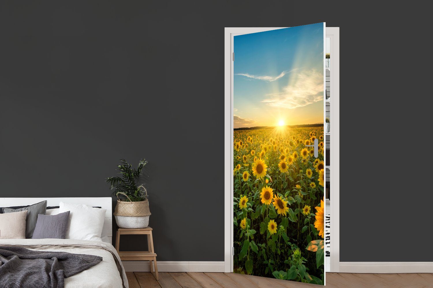 Horizont Tür, Türaufkleber, - Fototapete Landschaft, Sonnenblume - Blumen 75x205 MuchoWow für - Matt, (1 Türtapete bedruckt, - cm Sonnenuntergang St),