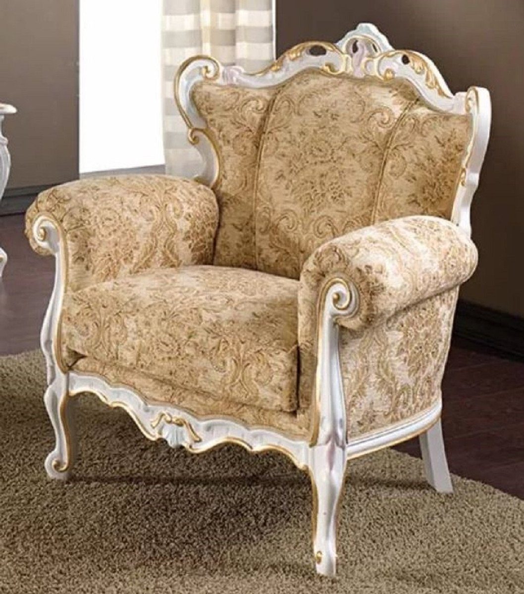 Casa Padrino Sessel Luxus Barock Sessel Beige / Weiß / Gold - Edler Wohnzimmer Sessel mit elegantem Muster - Barock Möbel - Luxus Qualität - Made in Italy