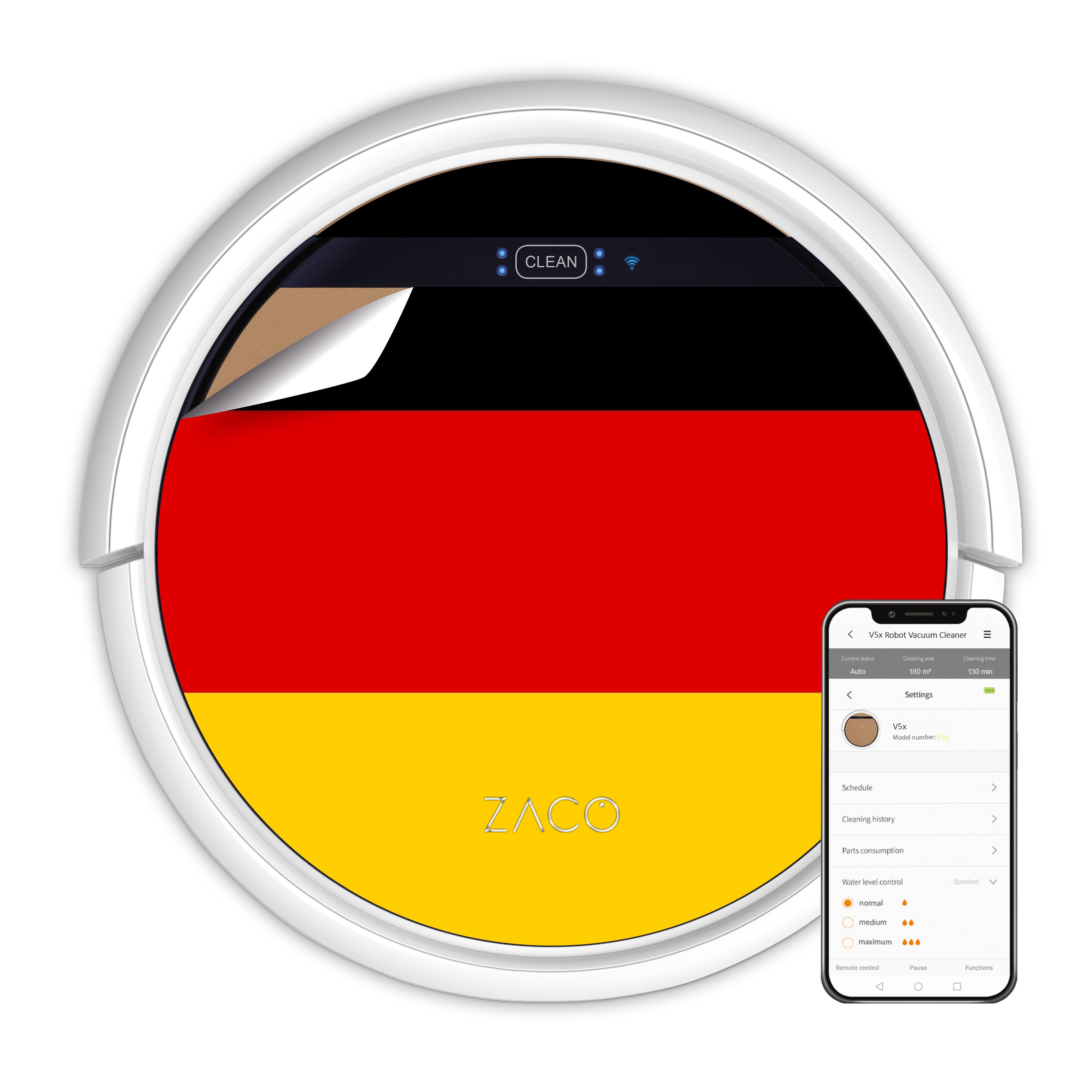 V5x, mit Deutsche App, Sprachsteuerung, Alexa W, Tierhaare Wischfunktion beutellos, 22 ZACO Saugroboter Nass-Trocken-Saugroboter Flagge