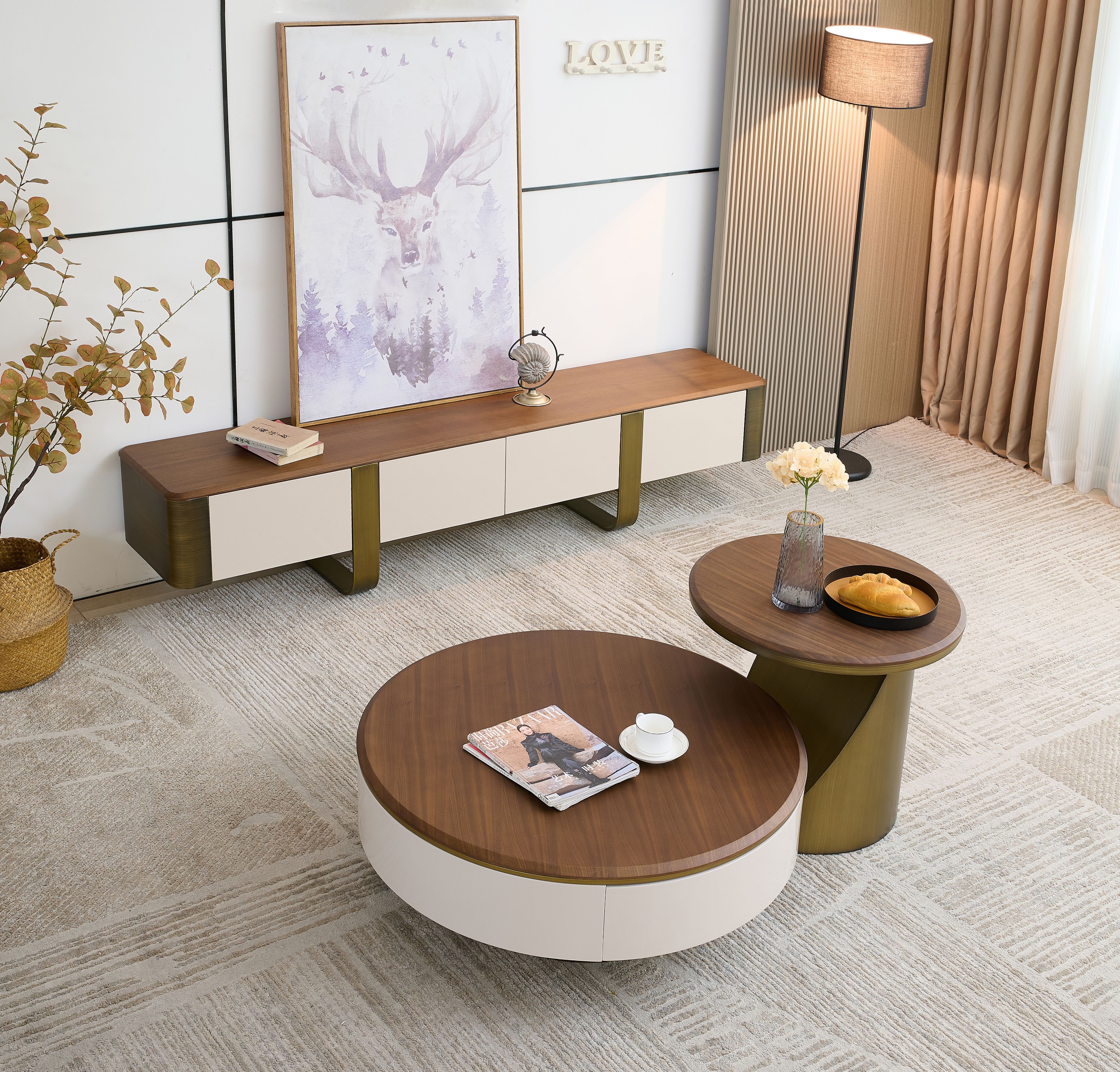 alesvelt Couchtisch edler Beistelltisch weiße Marmor Design 2er Set 90cm Wohnzimmertisch (2er Set), 90cm große Ablagefläche mit Schubladen