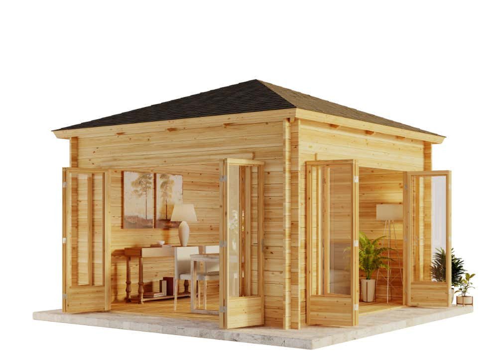 Alpholz Gartenhaus Holz Sunshine ISO mit großer Falttür, BxT: 390x390 cm, in Imprägniert (Pinie) mit 40mm Wandstärke