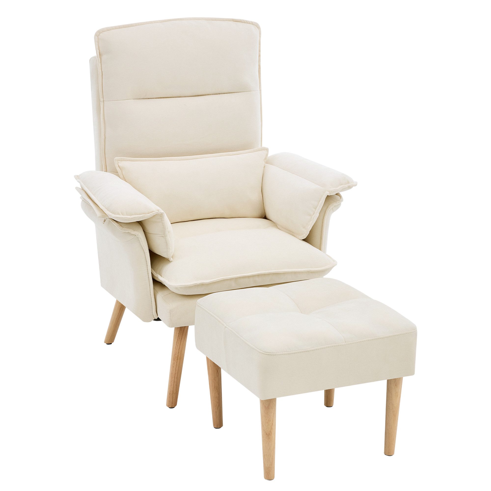 Merax Relaxsessel mit Hocker, 5-fach verstellbarer Liegesessel Lesesessel (85 × 78,5 × 112 cm, 1-St., Relaxsessel inkl. Hocker), Polstersessel mit Kissen & Massivholzbeinen, Loungesessel aus Leinen