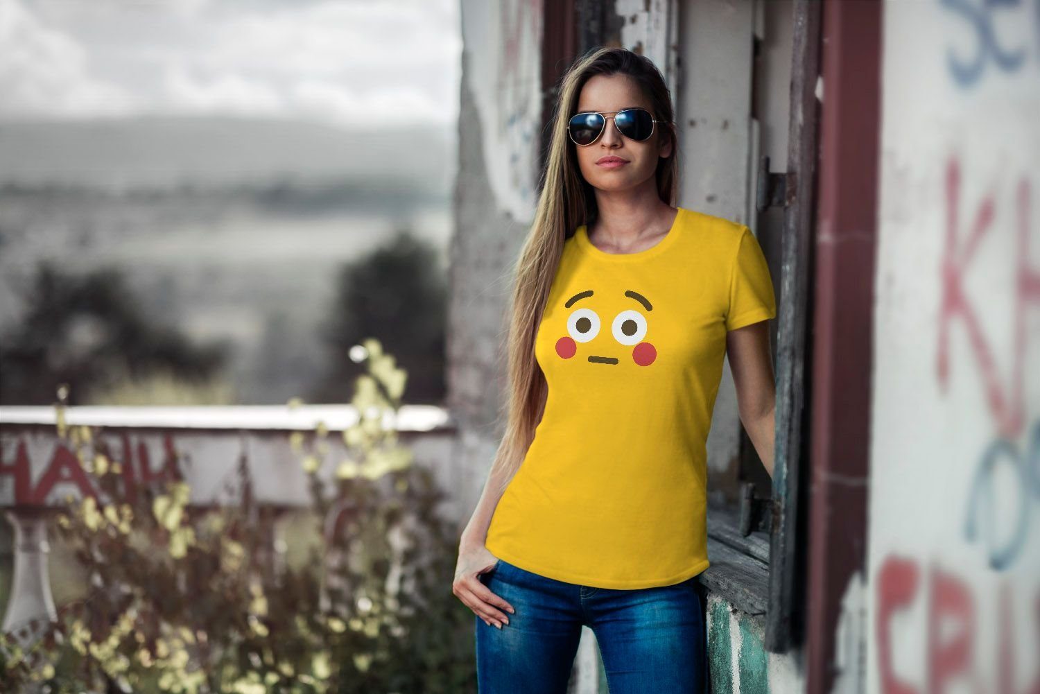 Karneval T-Shirt Fun-Shirt Damen Fasching lustig gelb Junggesellenabschied Gruppenkostüm Print-Shirt MoonWorks mit Emoticon Blush JGA Moonworks® Print