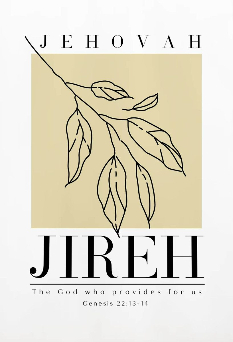 TPFLiving Kunstdruck (OHNE RAHMEN) Poster - Leinwand - Wandbild, Christlicher Jehova Jireh Rapha Shalom Shammah Nissi Raah Leinwand (Leinwandbild XXL), Farben: Schwarz, Weiß, Grau, Beige, Braun -Größe: 20x30cm