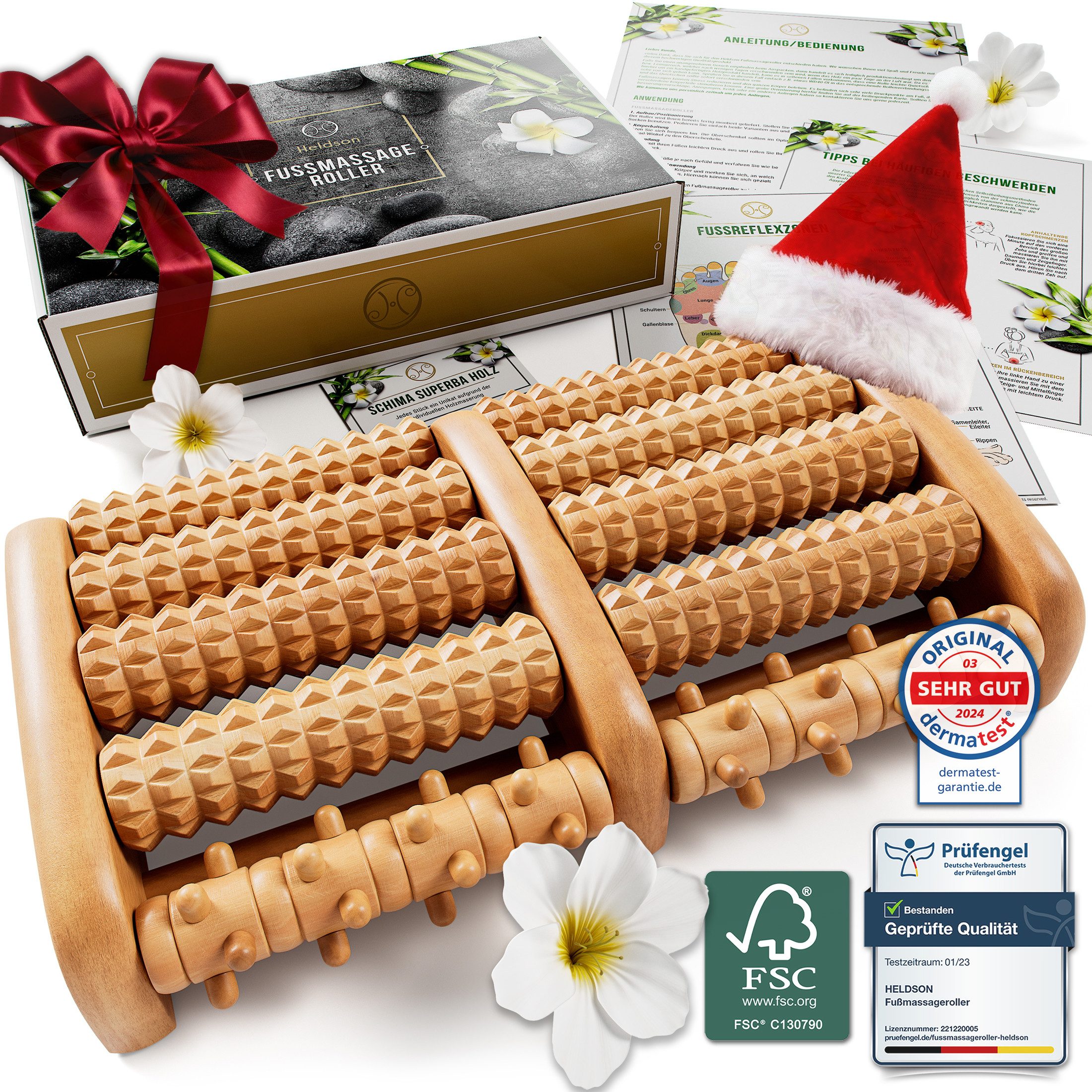 HELDSON Fußmassagegerät HELDSON® Fußmassageroller FSC Holz, Dermatest Sehr Gut, Geschenkbox, Einzelprodukt, Fußmassageroller mit Reflexzonenkarte & deutscher Anleitung, Dermatest „Sehr gut“ - tolles Geschenk zum Geburtstag, Weihnachten!