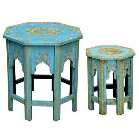 Casa Moro Beistelltisch Orientalische Beistelltische Saada Blau 2er Set aus Massivholz (Set, 2er Set), hamdbemalte Boho Chic Couchtische Shabby Chic Sofatische, MA-32-47