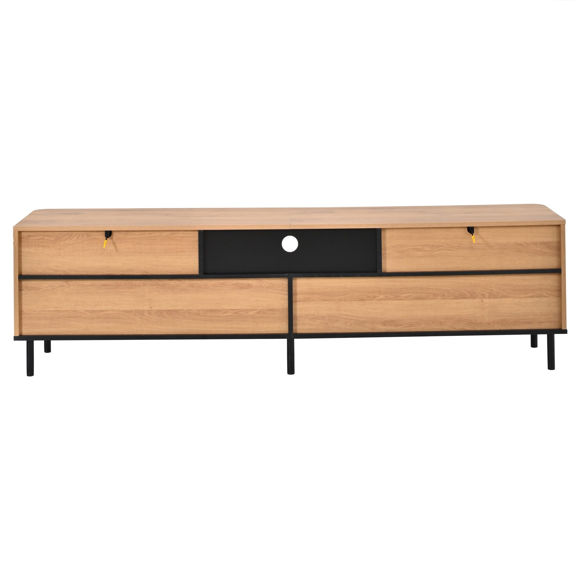 KLAM HOME Lowboard Moderner TV-Schrank 180cm Natur/Schwarz mit Schubladen & Türen (TV Lowboard für 75-Zoll-Geräte mit Metallfüßen und Saugroboter-Abstand), Stauraumreiches Unterhaltungszentrum aus MDF mit Lamellenfront