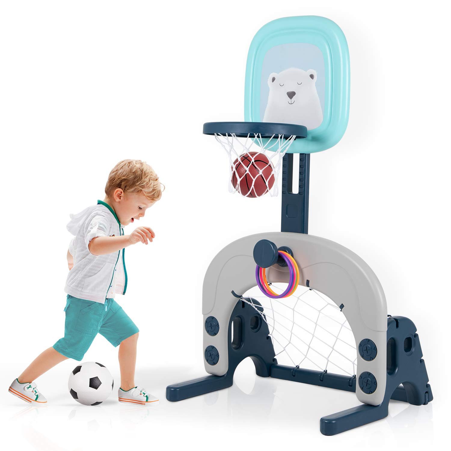 H.yeed Basketballkorb 3 in 1 Kinder höhenverstellbar, Basketballständer & Fußballtor & Wurfspiel