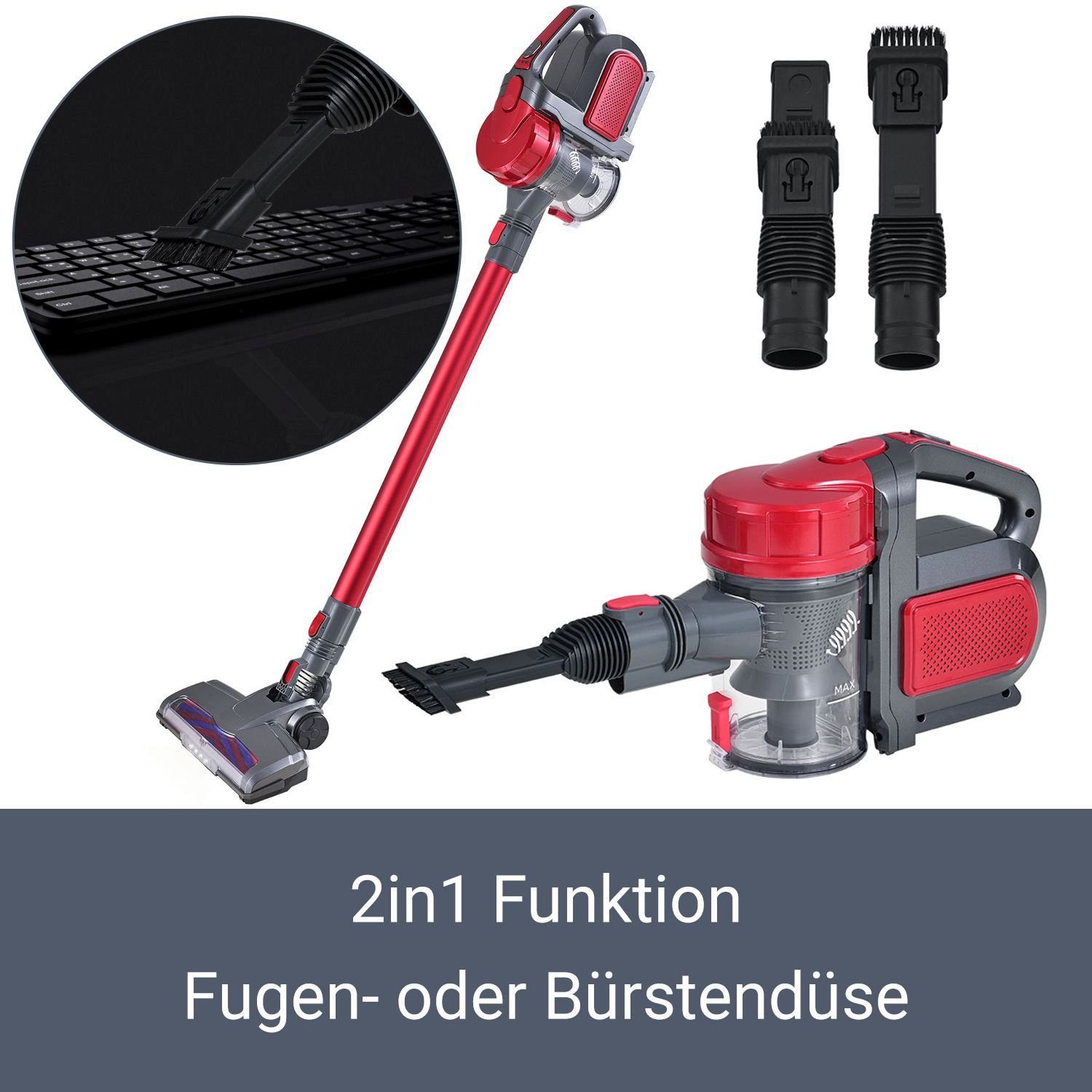 Juskys Akku-Handstaubsauger VAC100 Pro, 150 Rot und Grobfilter Staubbehälter W, HEPA-Filter