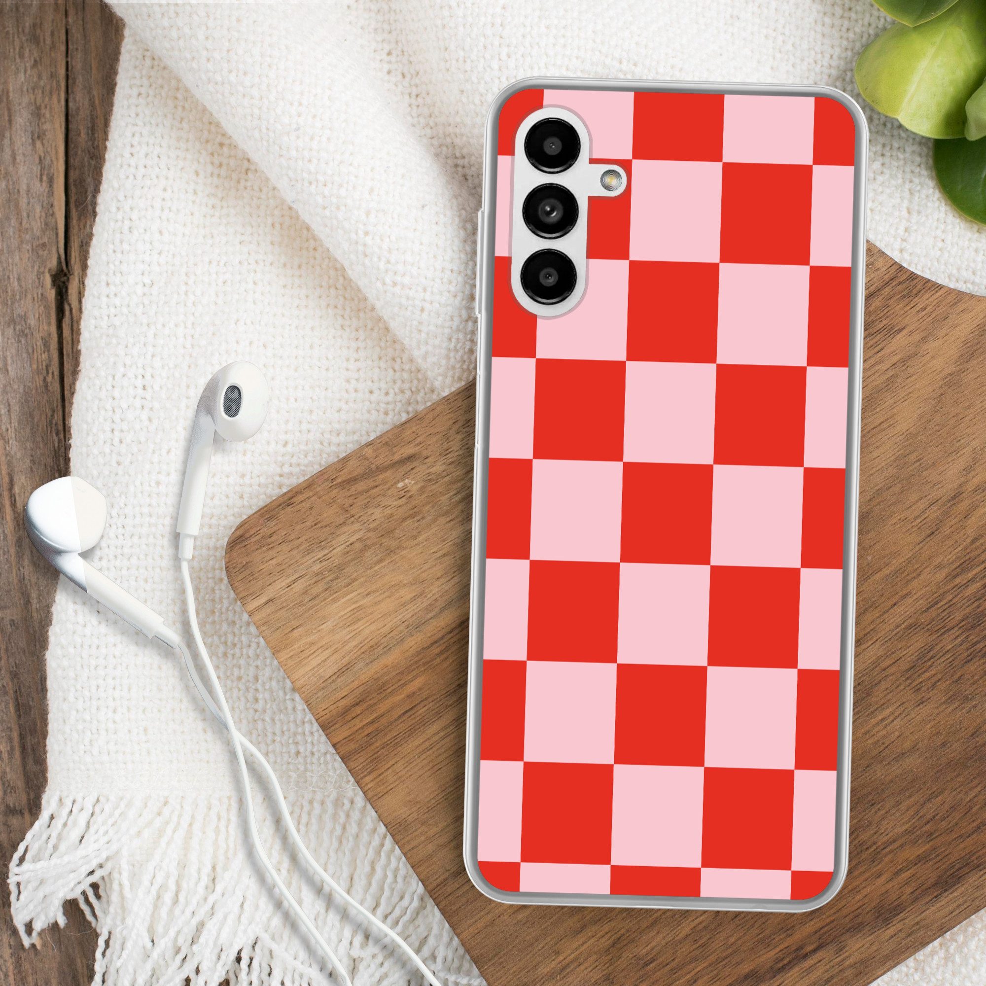 MuchoWow Handyhülle für Samsung Galaxy A04s Schachbrettmuster - Rot - Rosa - Würfel, Handy Case, Silikon, Bumper Case Dünn