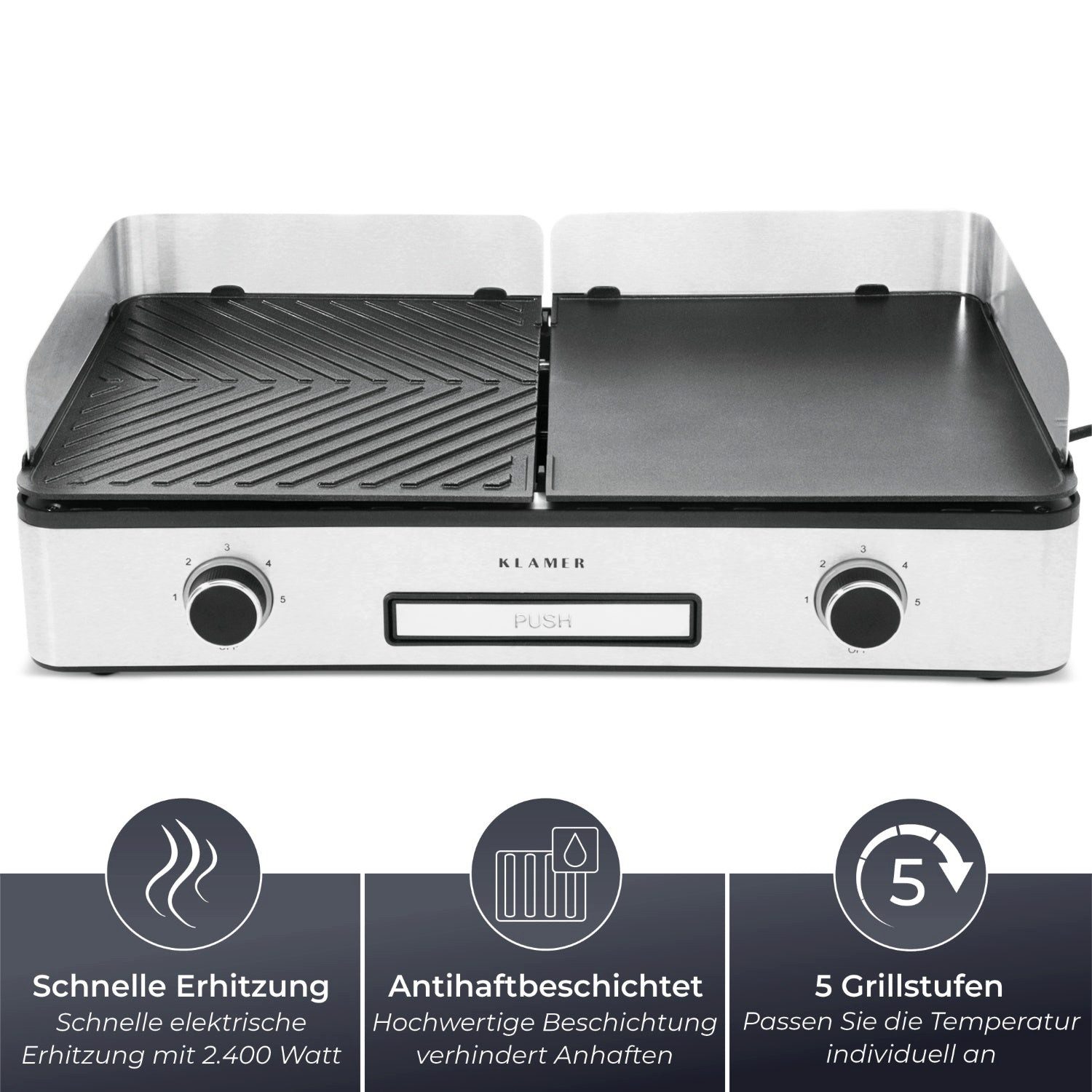 KLAMER Elektrogrill Antihaftbeschichtete und abnehmbare Duo-Platten, separate Temperature…, 2400 W, 2 Grillplatten, Temp.-Regler, Premium Antihaft