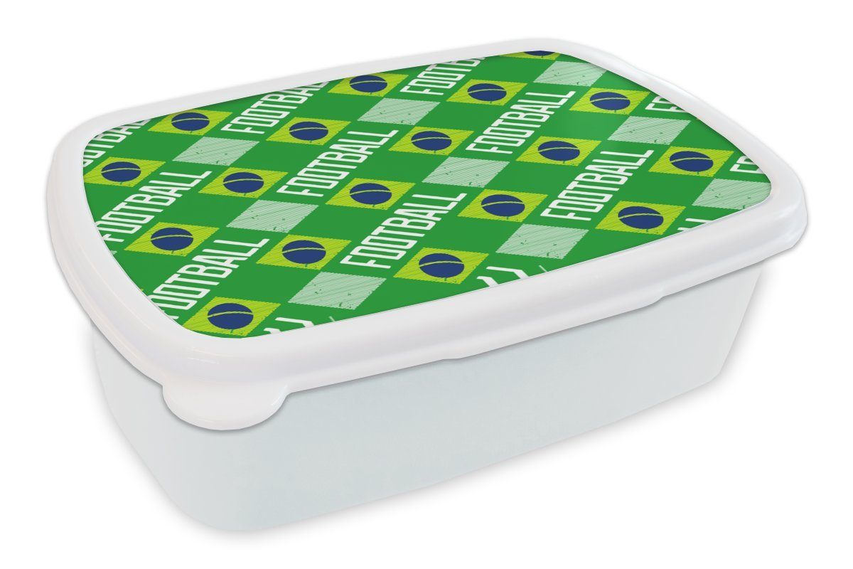 MuchoWow Brotbox - Fußball Erwachsene, für und Lunchbox Kunststoff, Brotdose, für weiß Brasilien Jungs Mädchen Muster, und Kinder - (2-tlg),