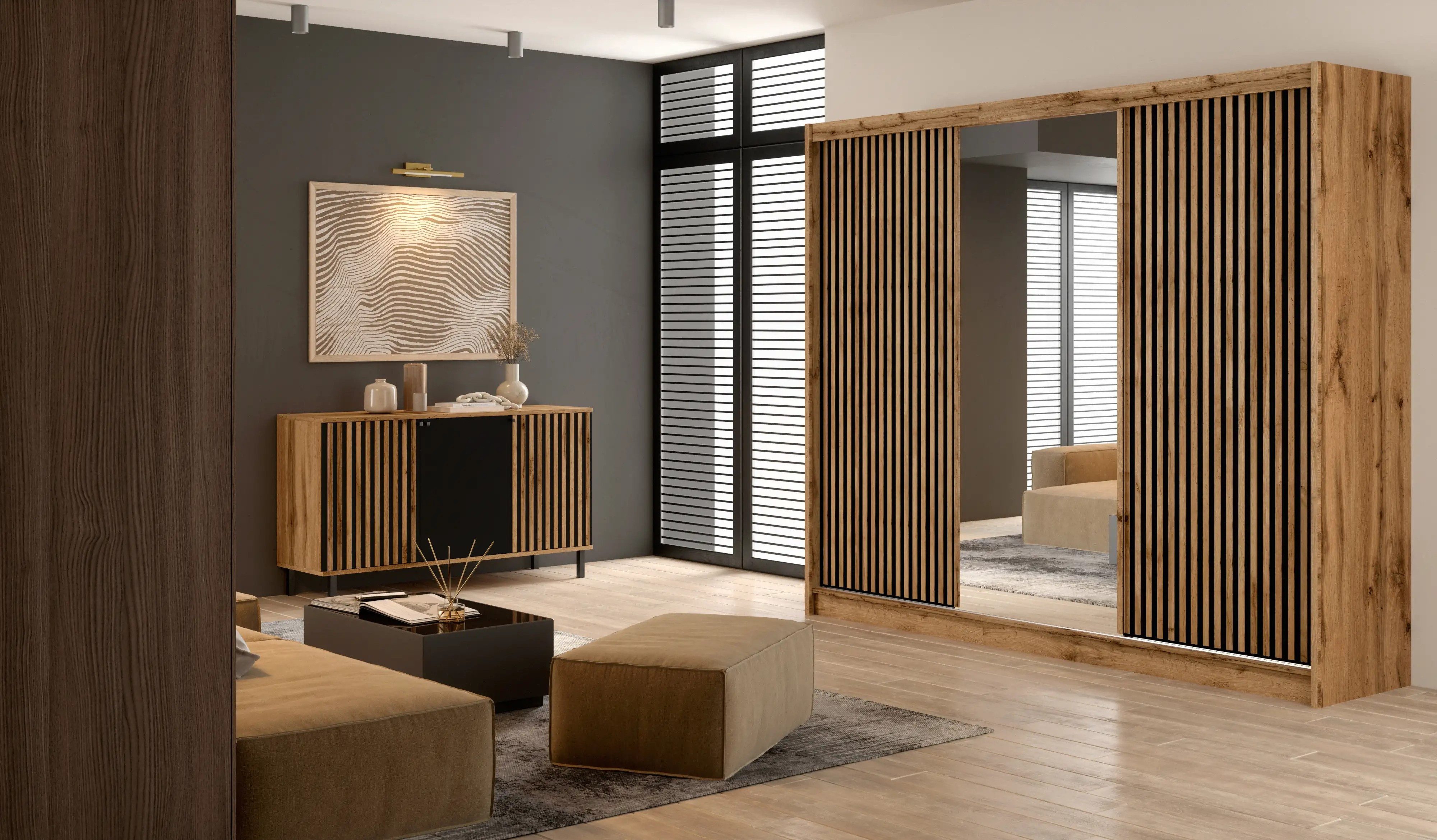 COMBO Schiebetürenschrank Kleiderschrank Schiebetüren 250x215x60cm Spiegel Wotan Eiche 3 Türen Schwebetürenschrank Lamellen Kleiderstange Schubladen Regalfächer