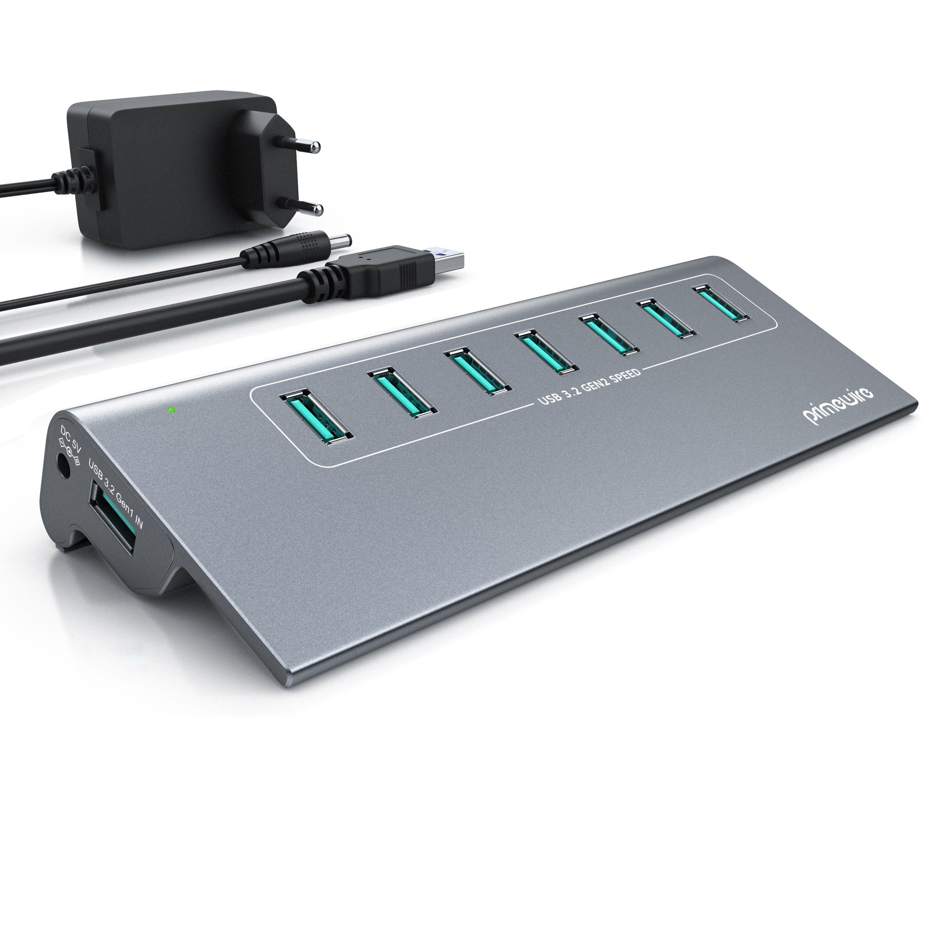 Primewire USB 3.2 Gen2 Hub, 7 Port Verteiler aktiv mit Netzteil, 10 Gbit/s USB-Adapter USB-A zu USB-A, Netzteil & Metallgehäuse, für PC Notebook Laptop Tablet Windows & Mac