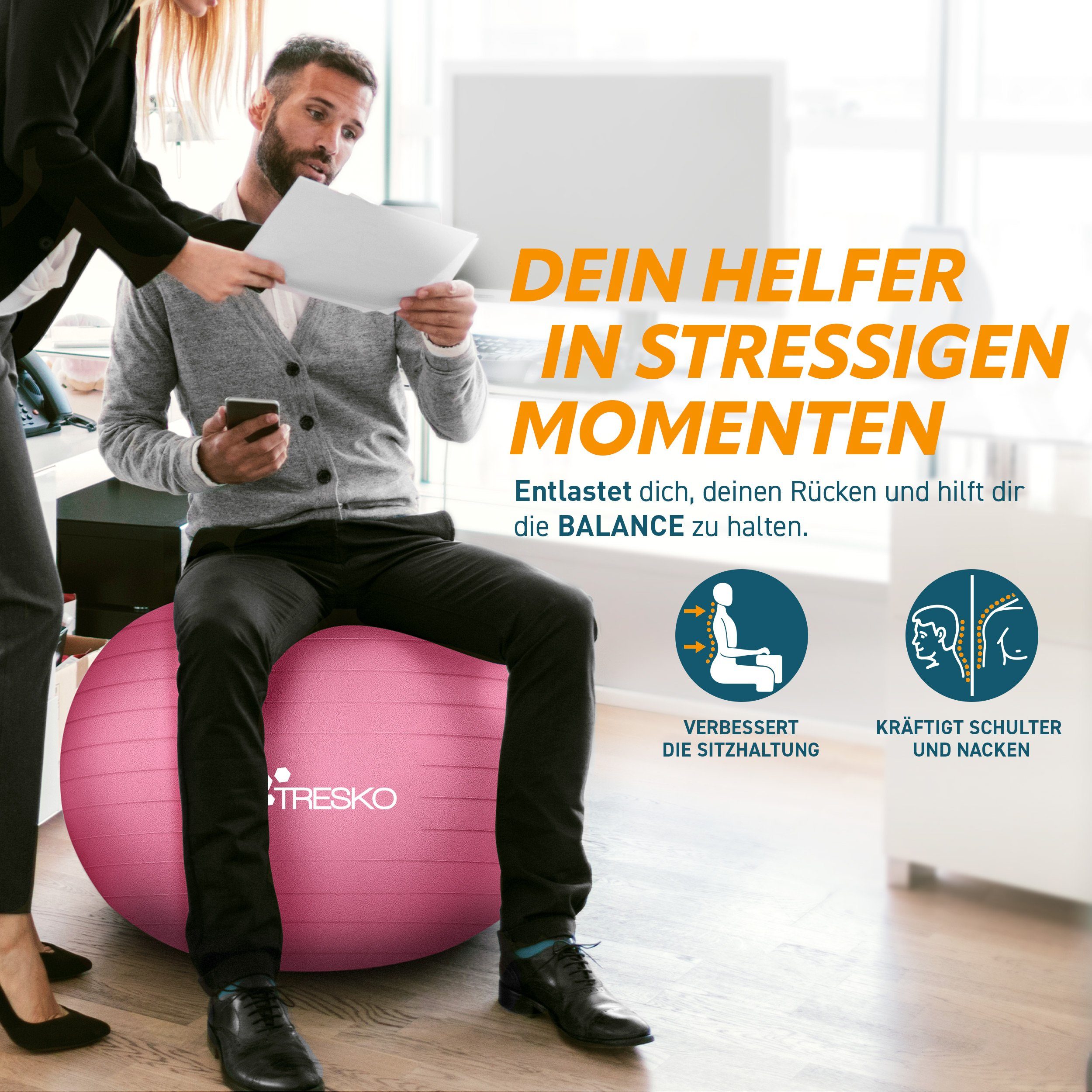 TRESKO Gymnastikball mit GRATIS Übungsposter inkl. Luftpumpe Yogaball, BPA-Frei Sitzball Büro Anti-Burst inkl. Luftpumpe, Fitnessball
