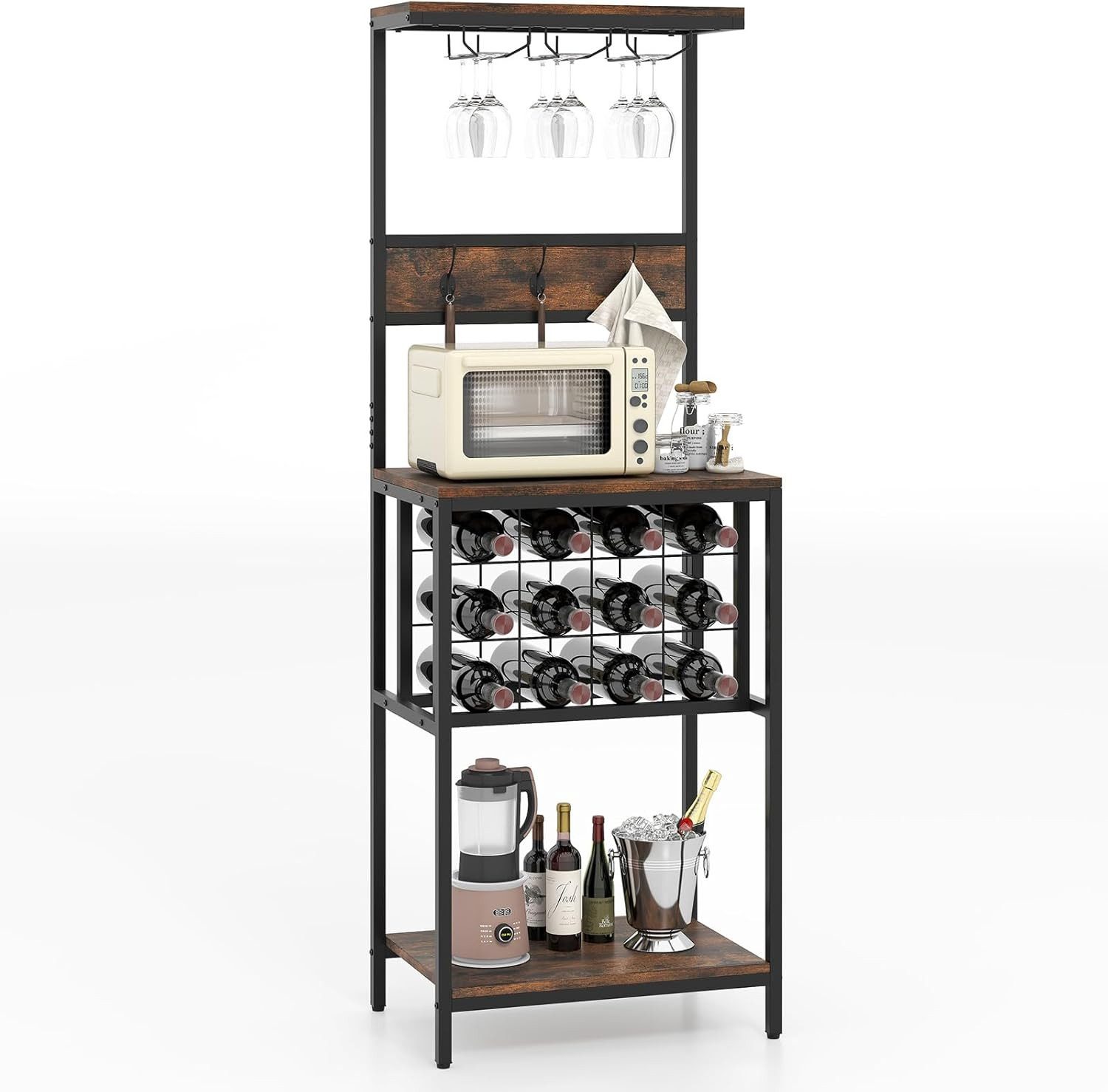 COSTWAY Küchenregal, Weinregal stehend, mit Arbeitsplatte, Haken, Flaschenregal