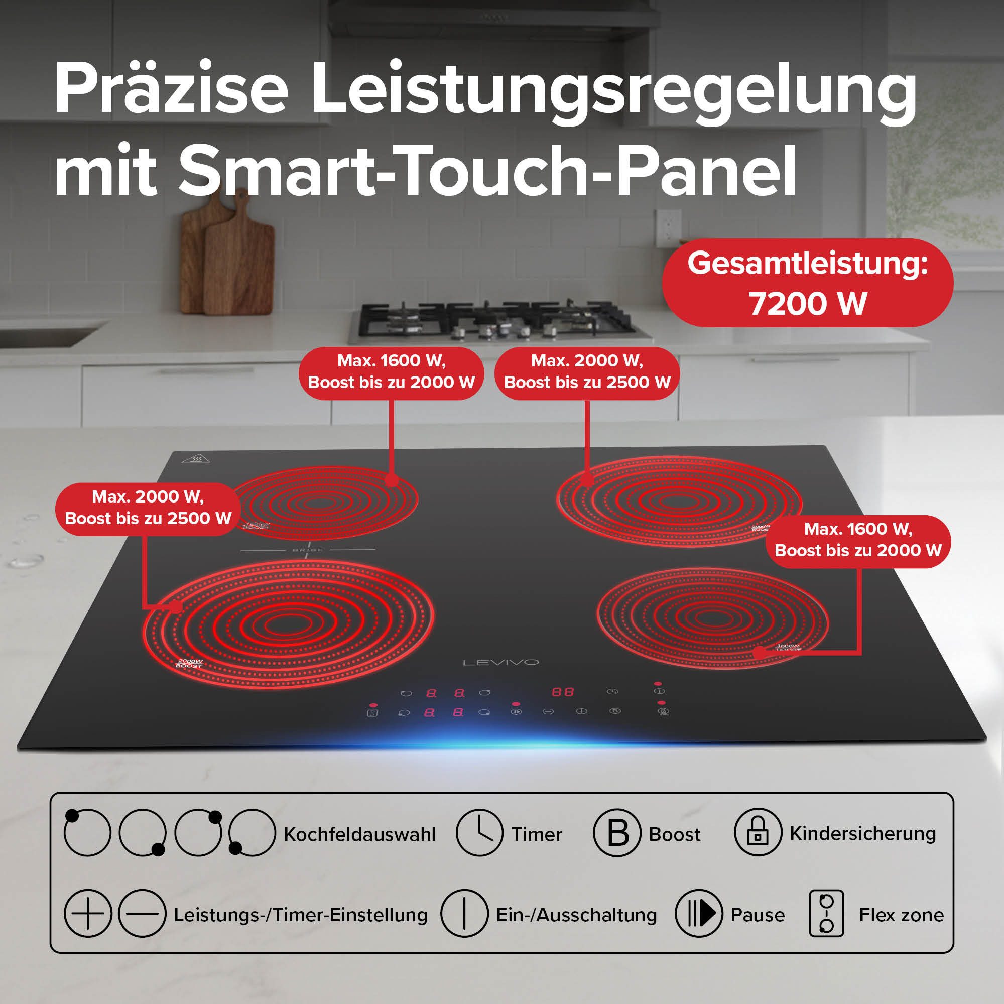 Levivo Induktions-Kochfeld FS-I72S-FFDD07, 4 Platten, 9 Stufen, Booster, Touch-Control, Timer, Bridge Funktion