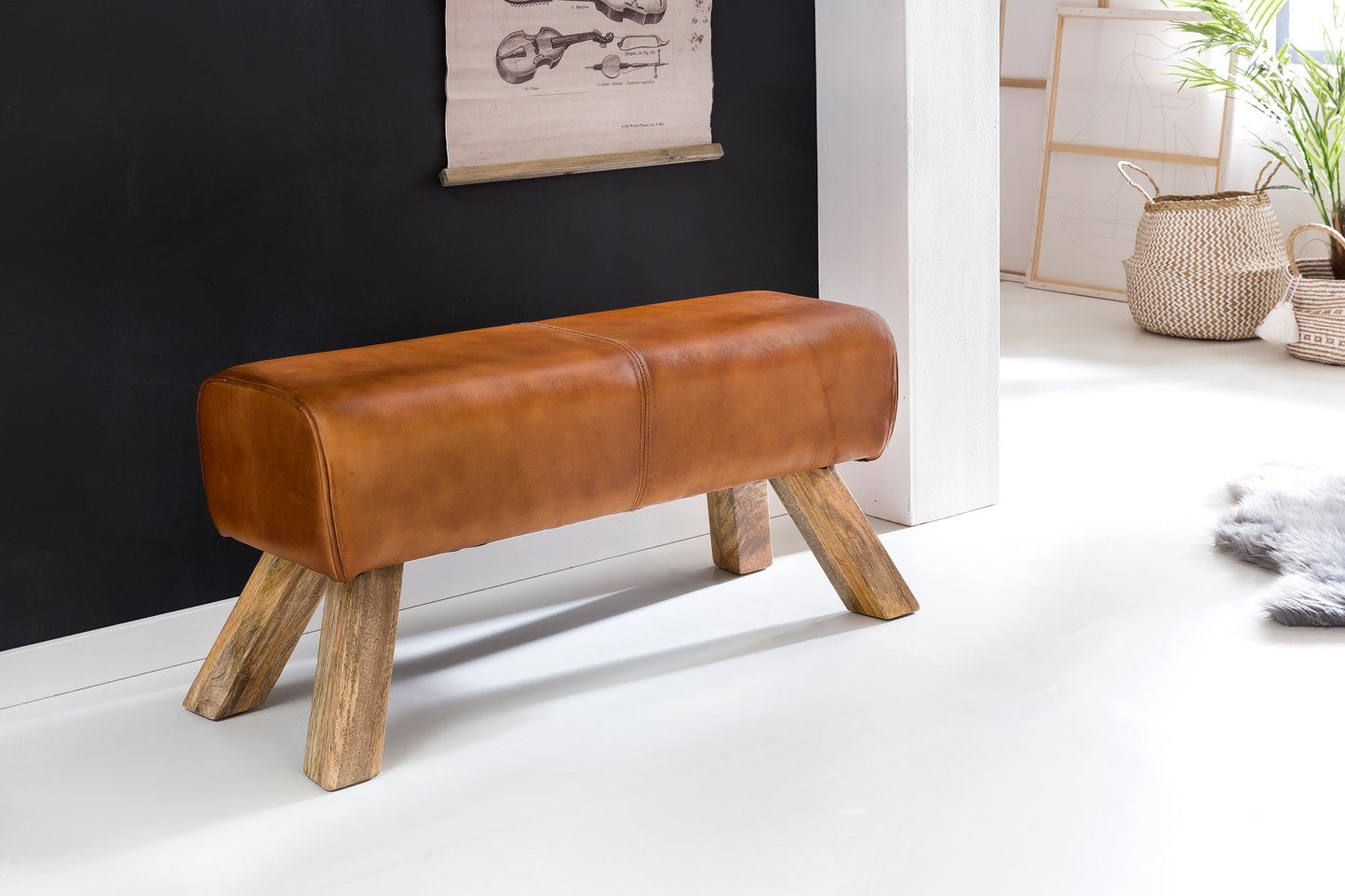 Wohnling Hockerbank Design Sitzhocker WL5.105 Holz 90x30x43 cm Modern Garderobenbank Leder (Sitzhocker 90x30x43 cm Echtleder Modern Springbock), Lederhocker Turnbock, Turnbank Hocker Gepolstert