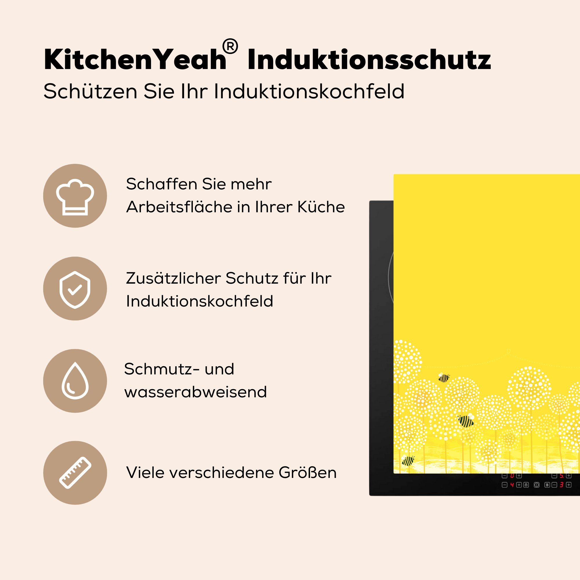 MuchoWow Herdblende-/Abdeckplatte Illustration küche fliegen, 78x78 cm, für von die Ceranfeldabdeckung, Blumen Arbeitsplatte (1 Bienen, über tlg), Vinyl